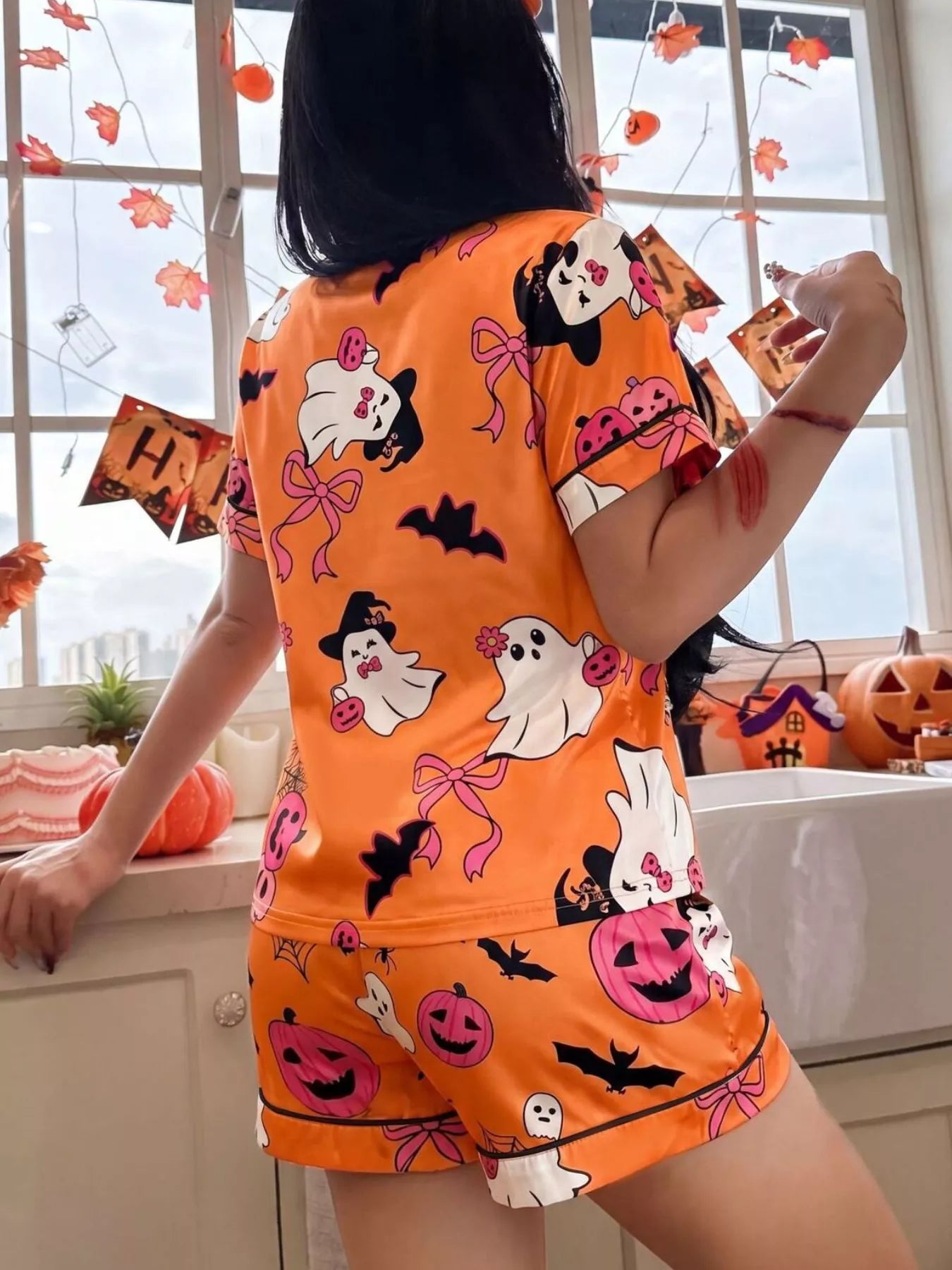 Trendsi Halloween Ghost Print Button-Down Top and Shorts Lounge Set -