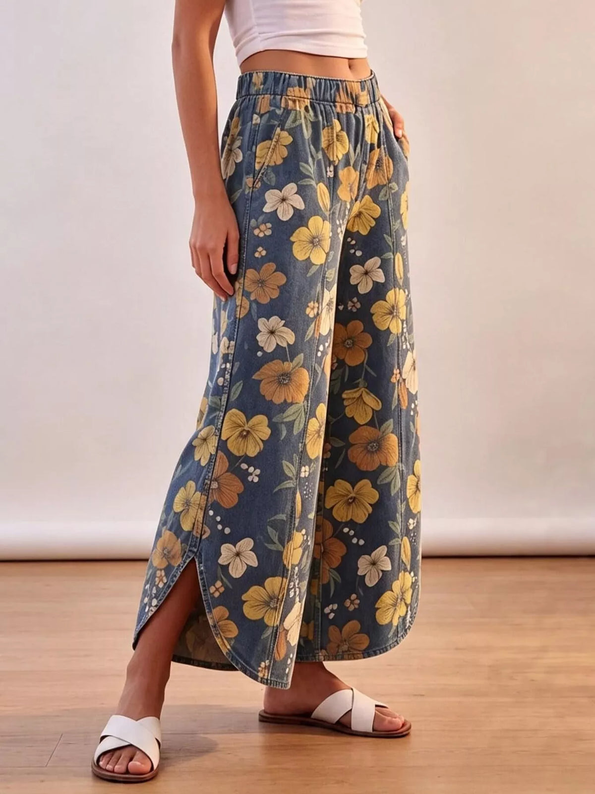 Blue floral wide-leg pants with elastic waist