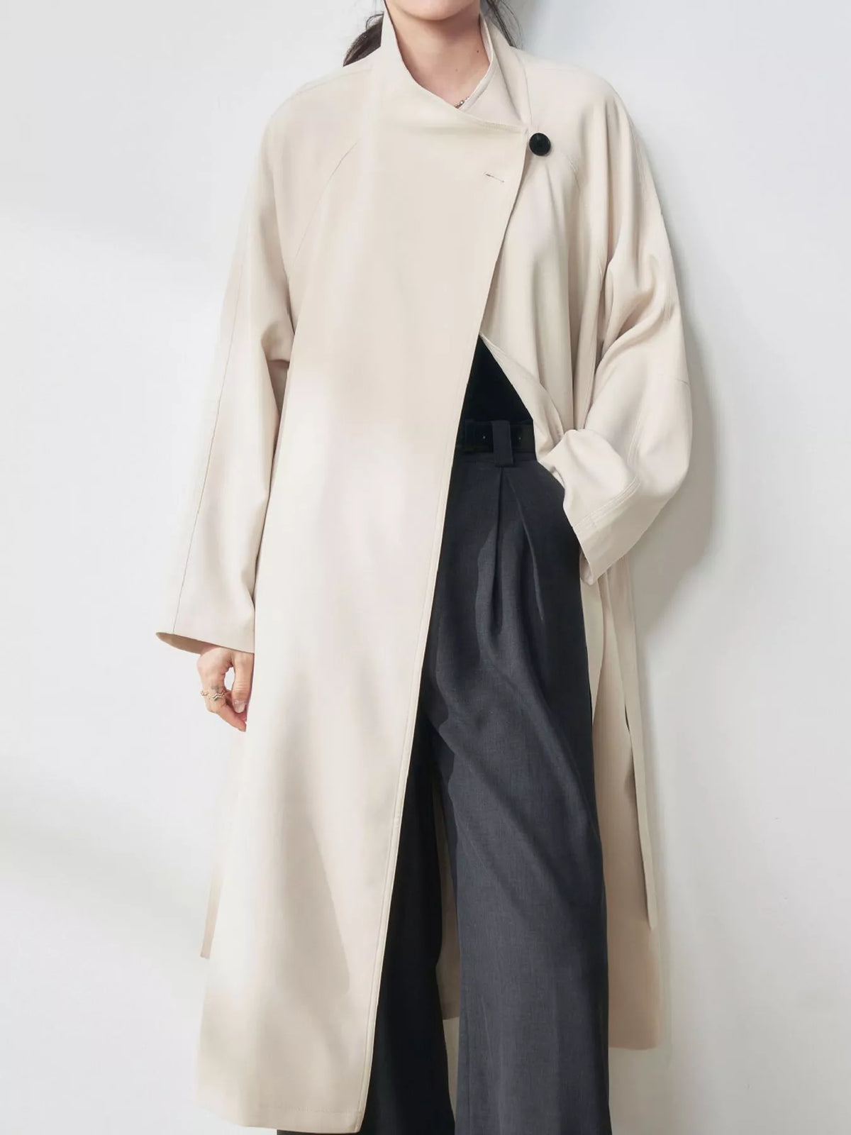 Asymmetric Button Longline Trench Coat in cream