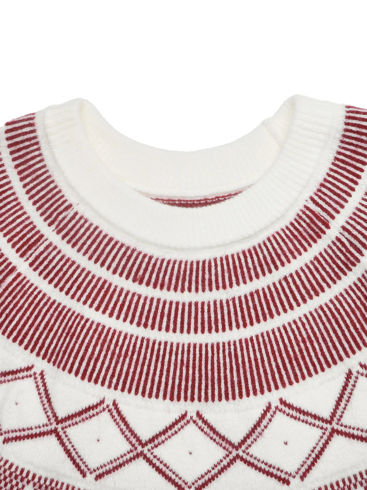 Cream geometric crew neck sweater, neckline pattern detail