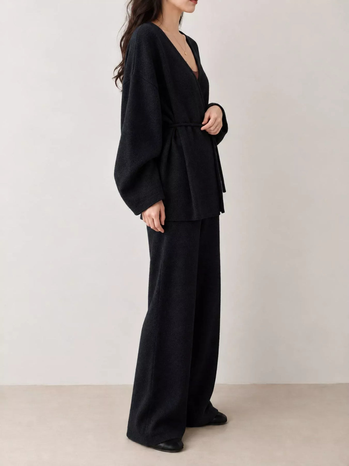 V-Neck Tied Wrap Cardigan and Wide-Leg Pants Sweater Set — side view