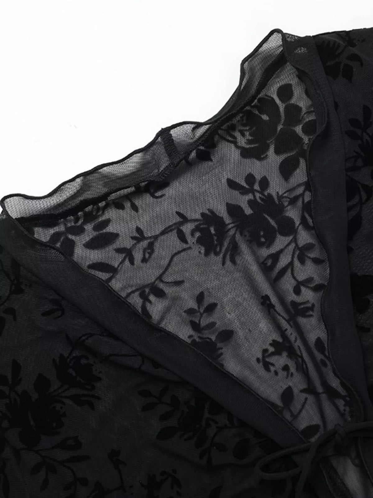 Sheer Floral Tie-Front Flare Sleeve Top, detail view in black