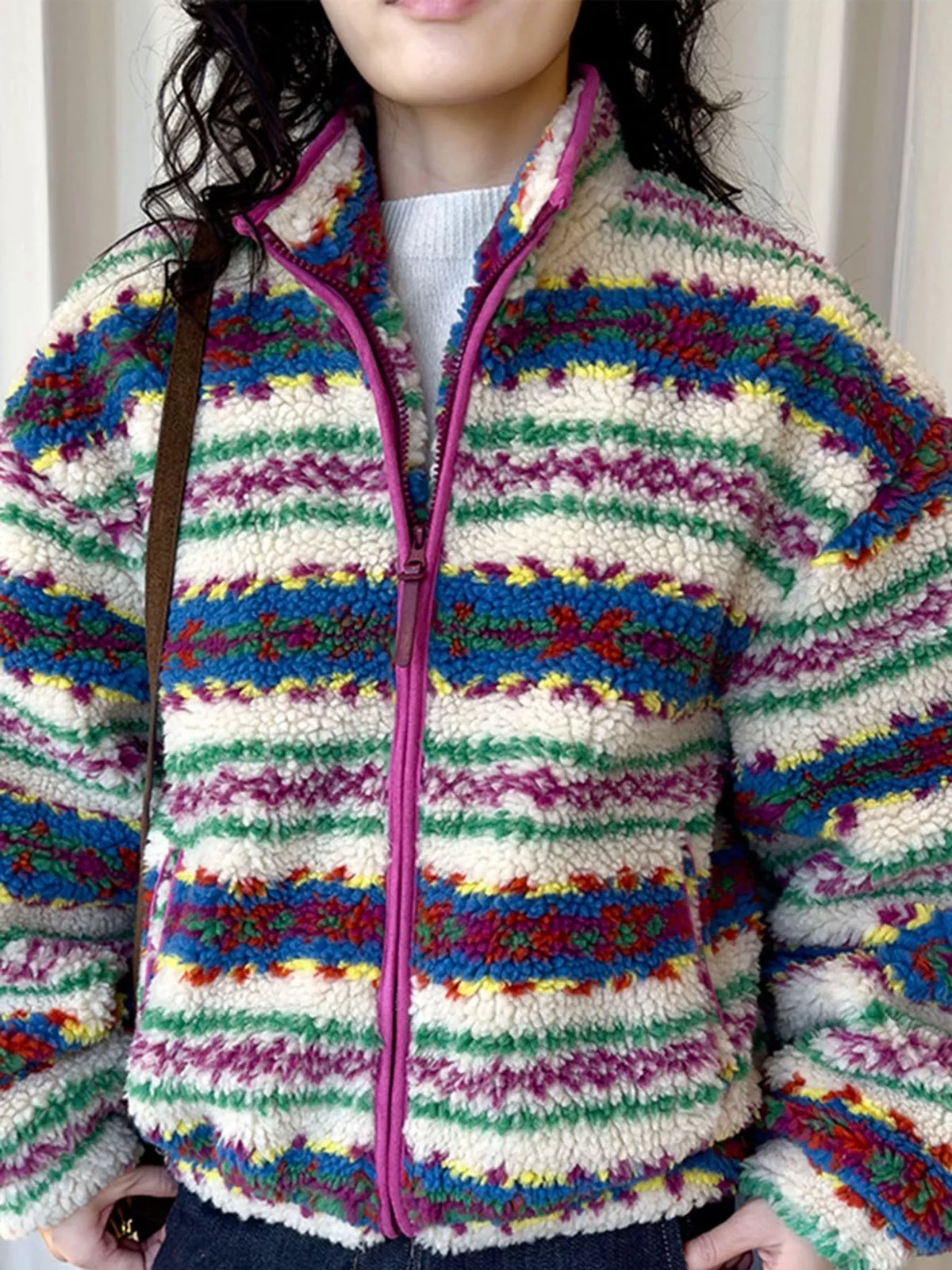 Multicolor colorful patterned sherpa zip up jacket, front view