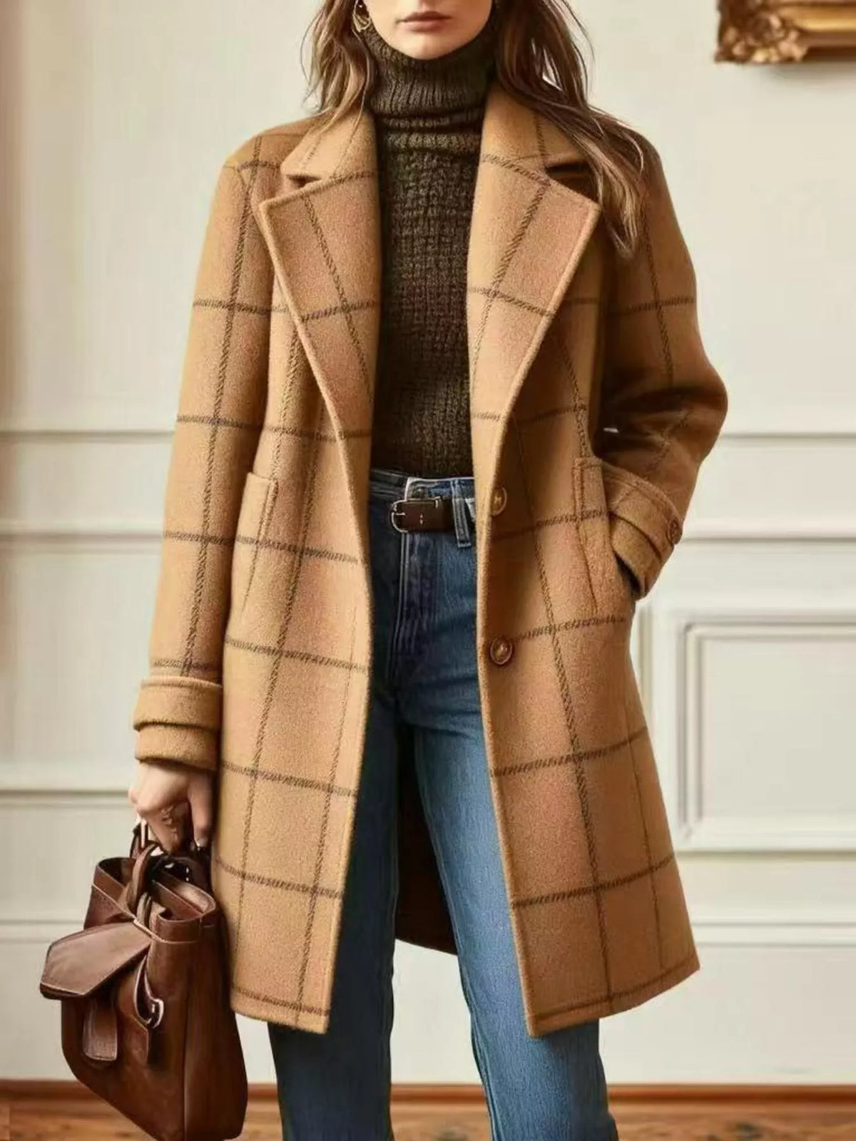 Trendsi Full Size Plaid Lapel Collar Longline Single-Breasted Overcoat Plus Size -