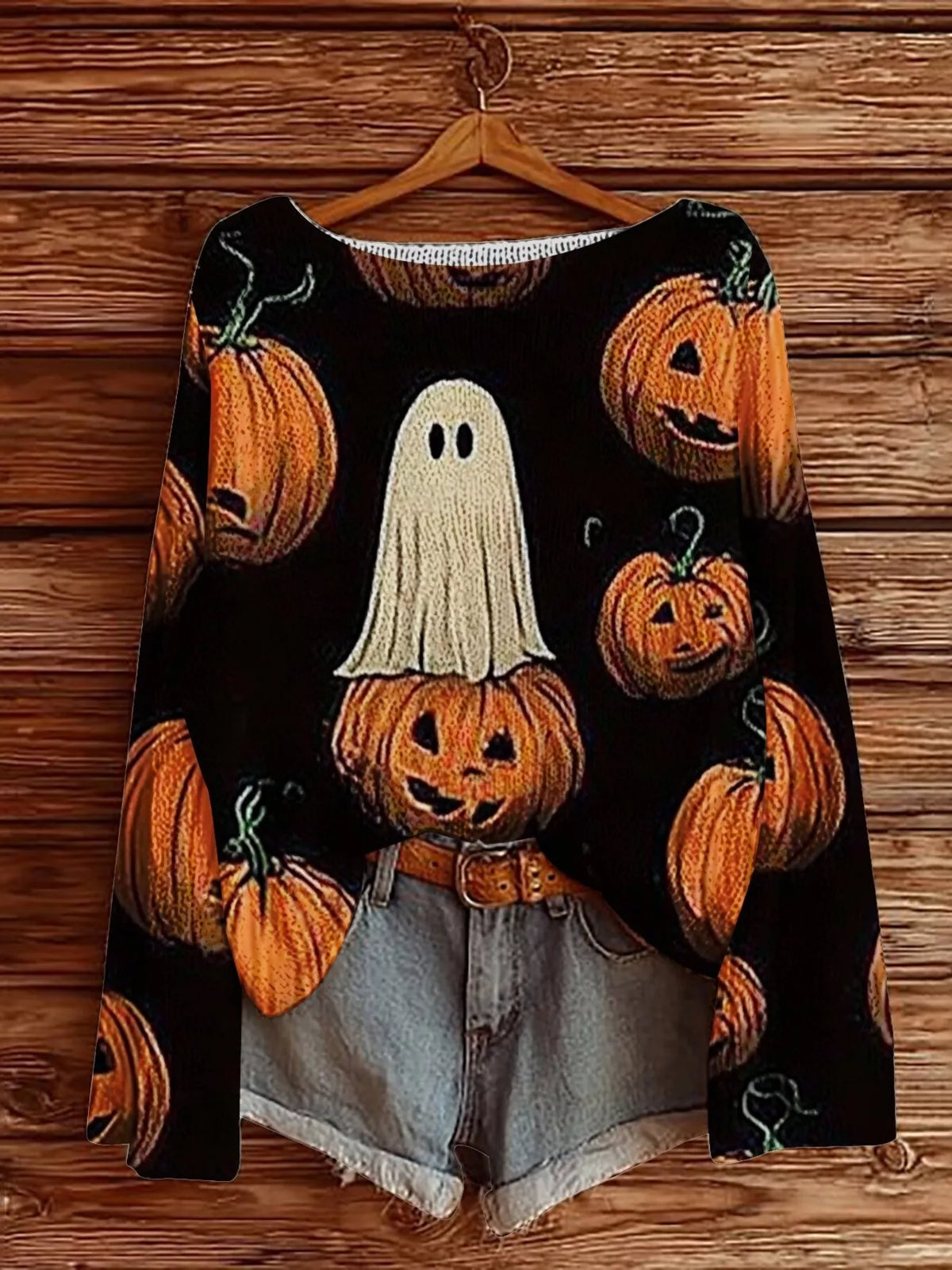 Black halloween-graphic boat-neck sweater