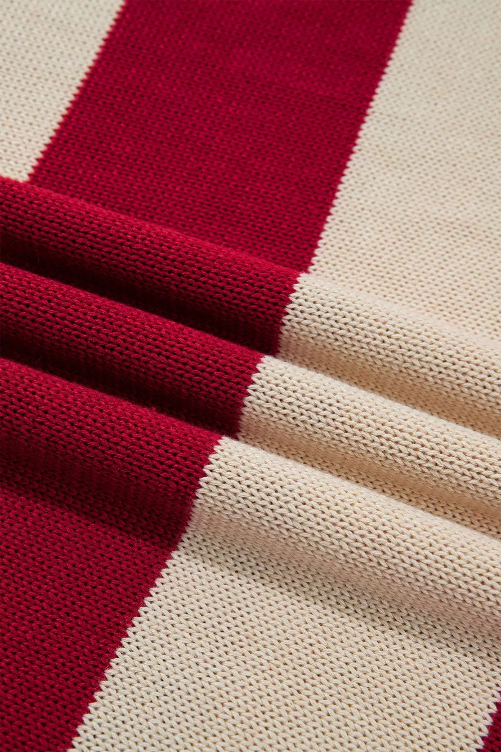 Striped High Neck Ribbed Trim Sweater in red and cream, knit detail