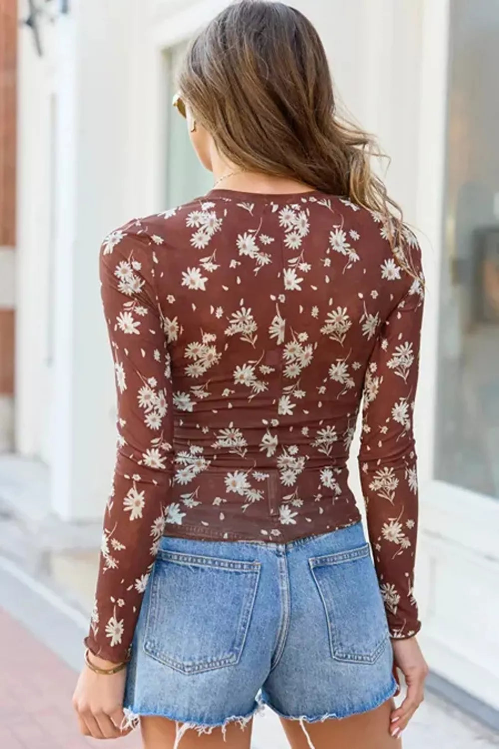 Trendsi Floral Print Sheer Mesh Long Sleeve Top -