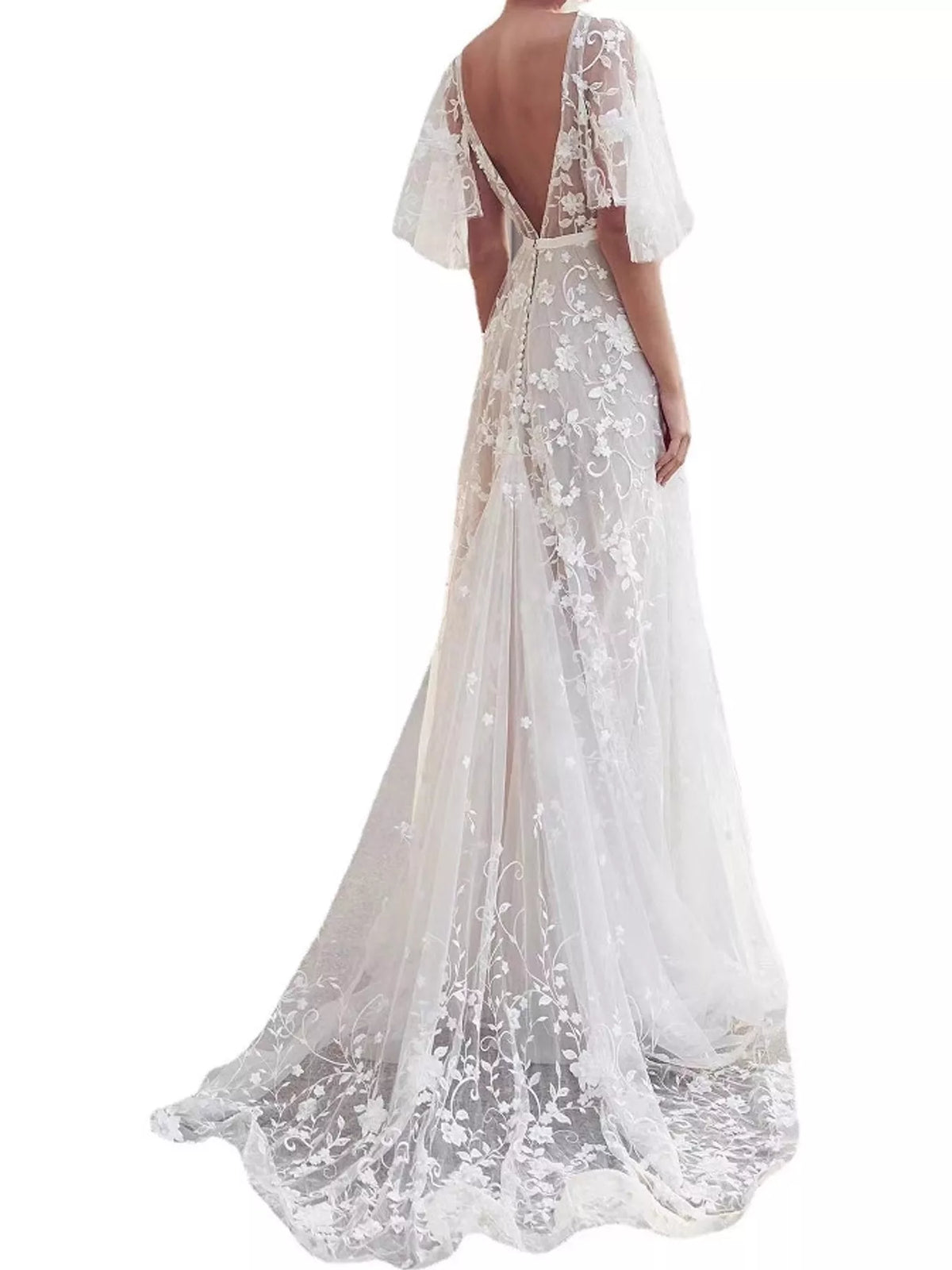 White lace v-neck maxi dress with flutter sleeves, back view