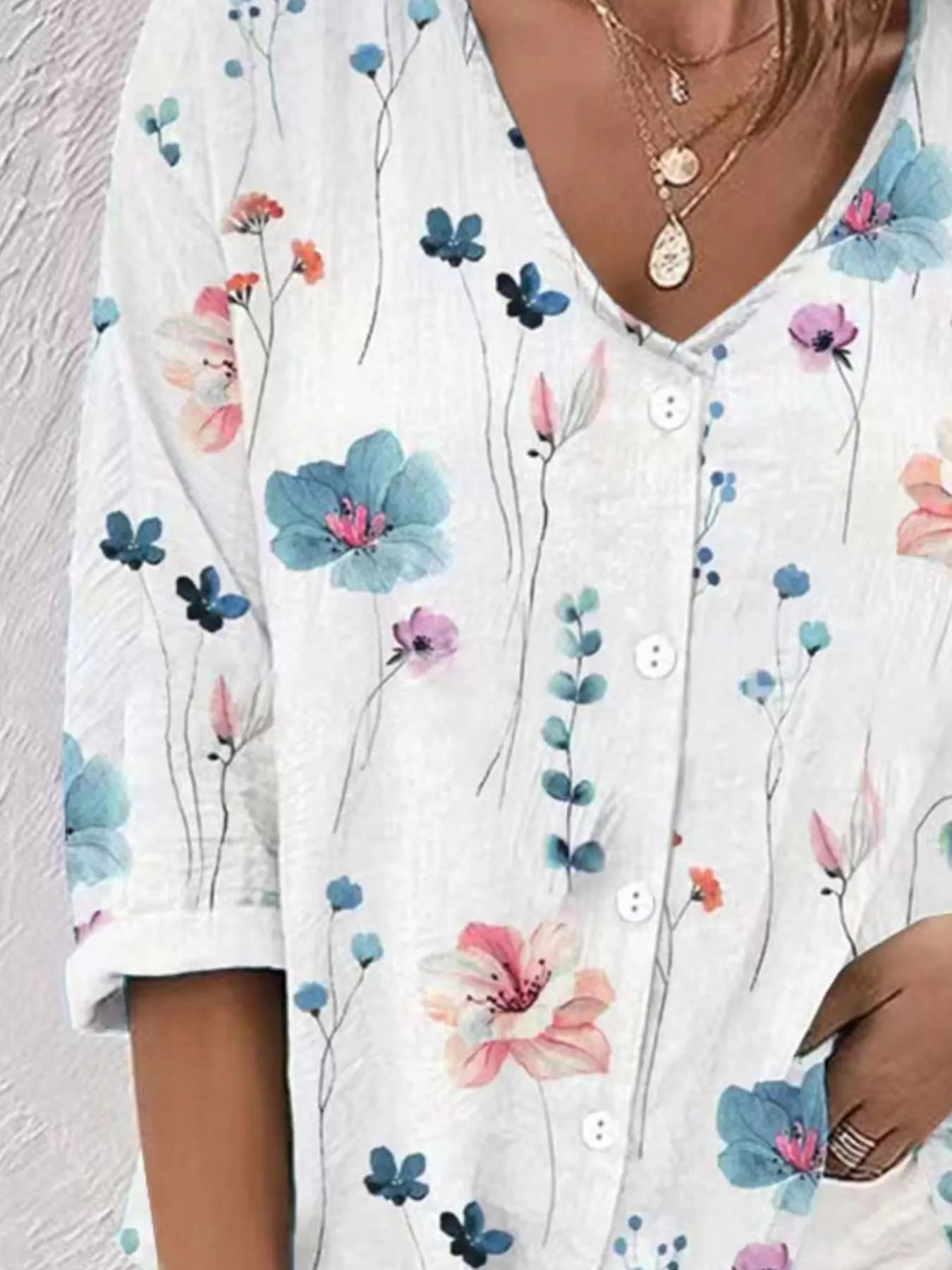 Trendsi Floral Print V-Neck Button-Down Shirt -