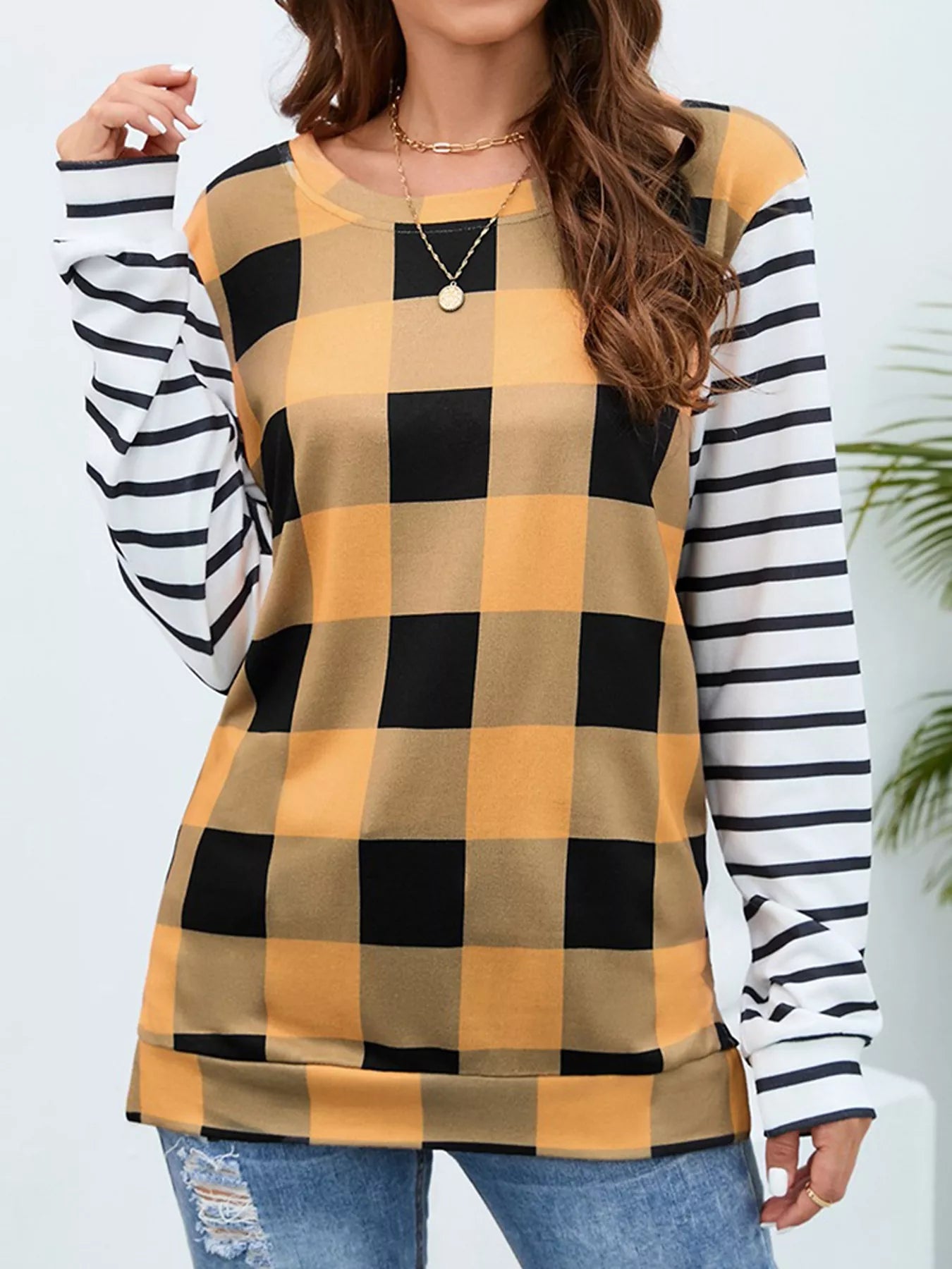 Trendsi Plaid and Stripe Contrast Long Sleeve T-Shirt -