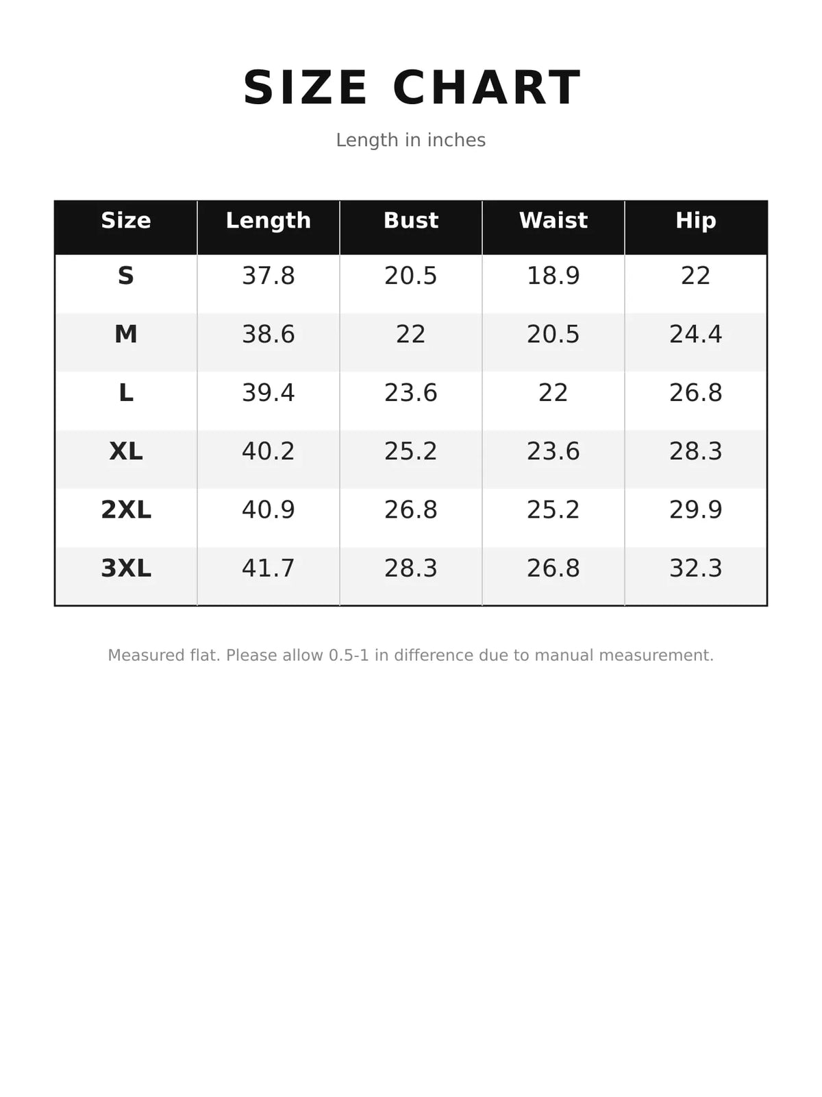Size and measurement chart for spaghetti-strap jumpsuit