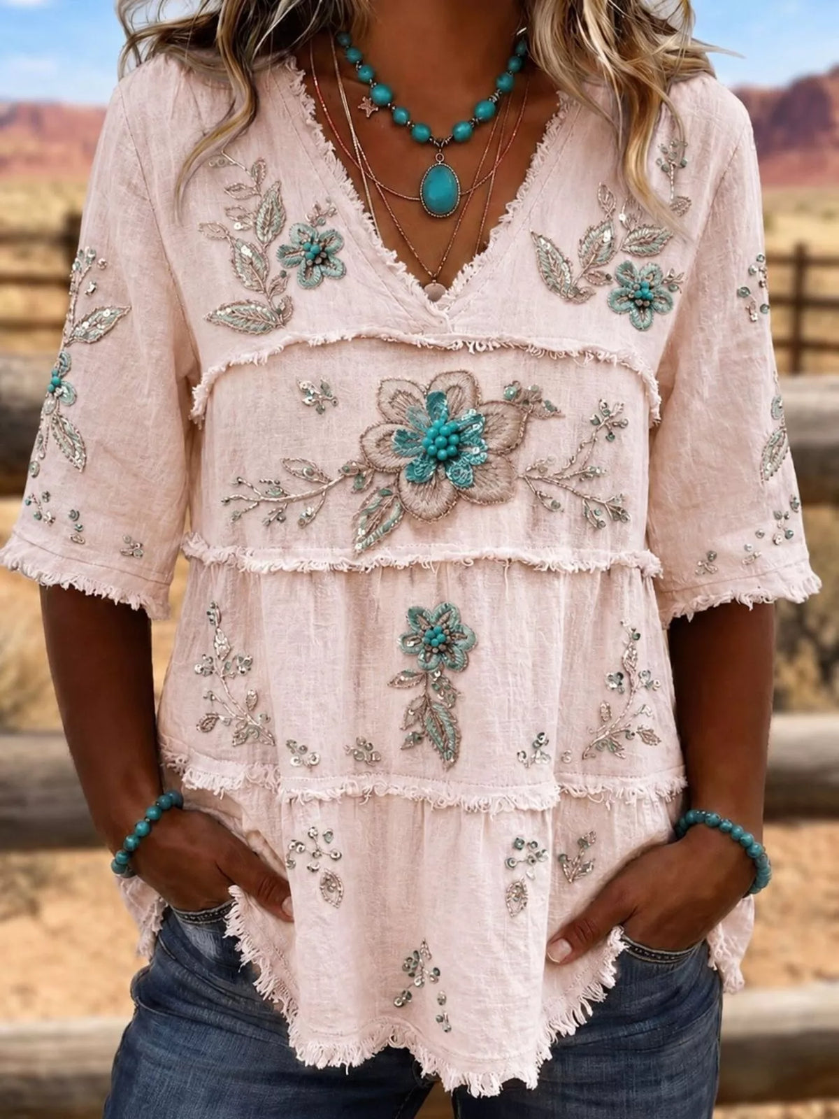 Trendsi Full Size Floral Raw Hem V-Neck Blouse Plus Size -