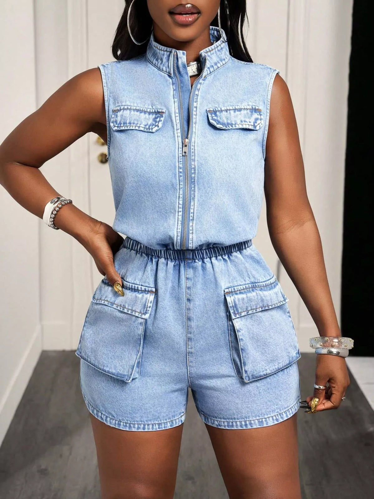 Women's Sleeveless Zip-Front Denim Romper in Blue, front view