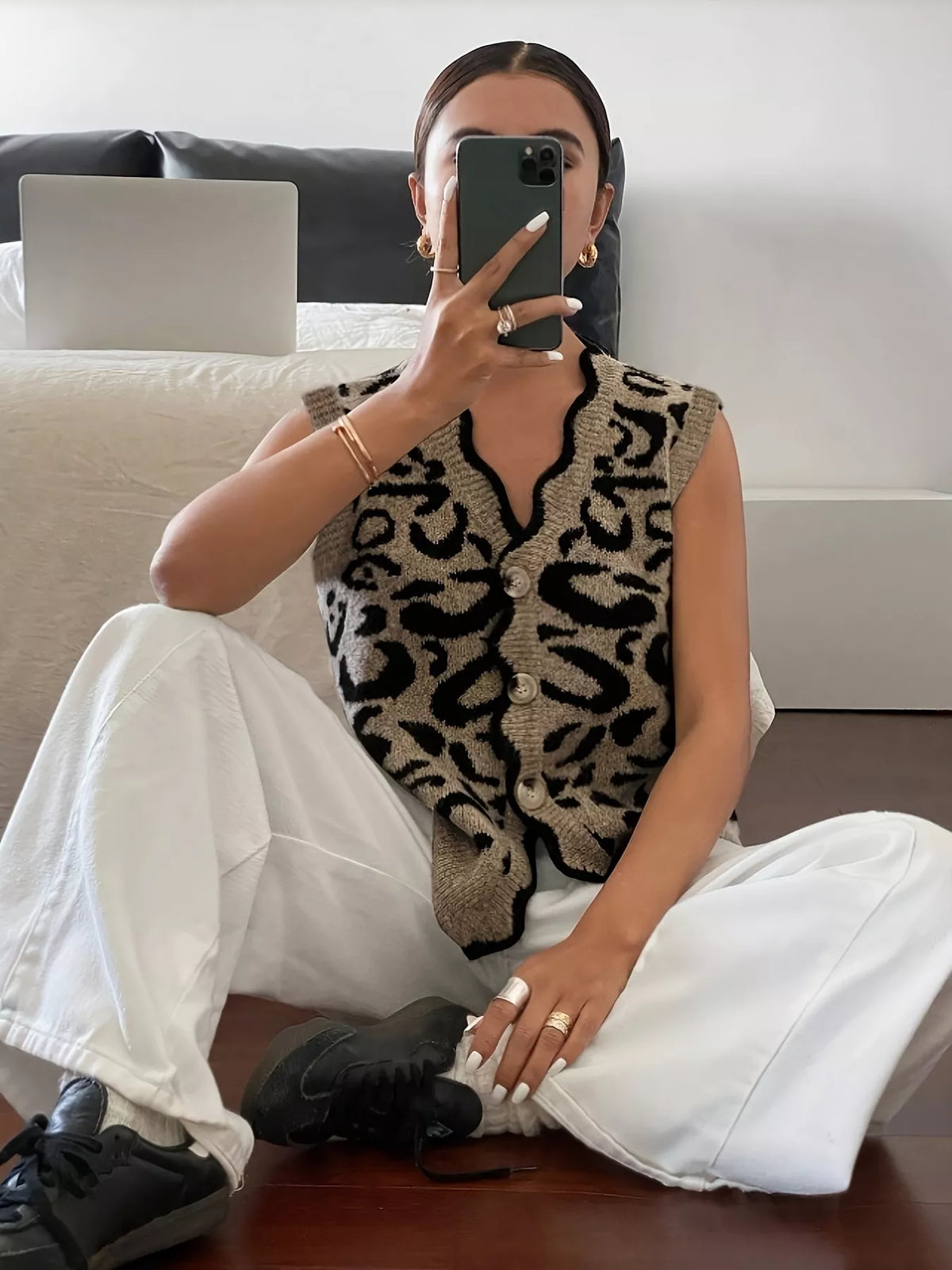 Taupe Leopard Scalloped Edge Button-Down Sweater Vest seated view