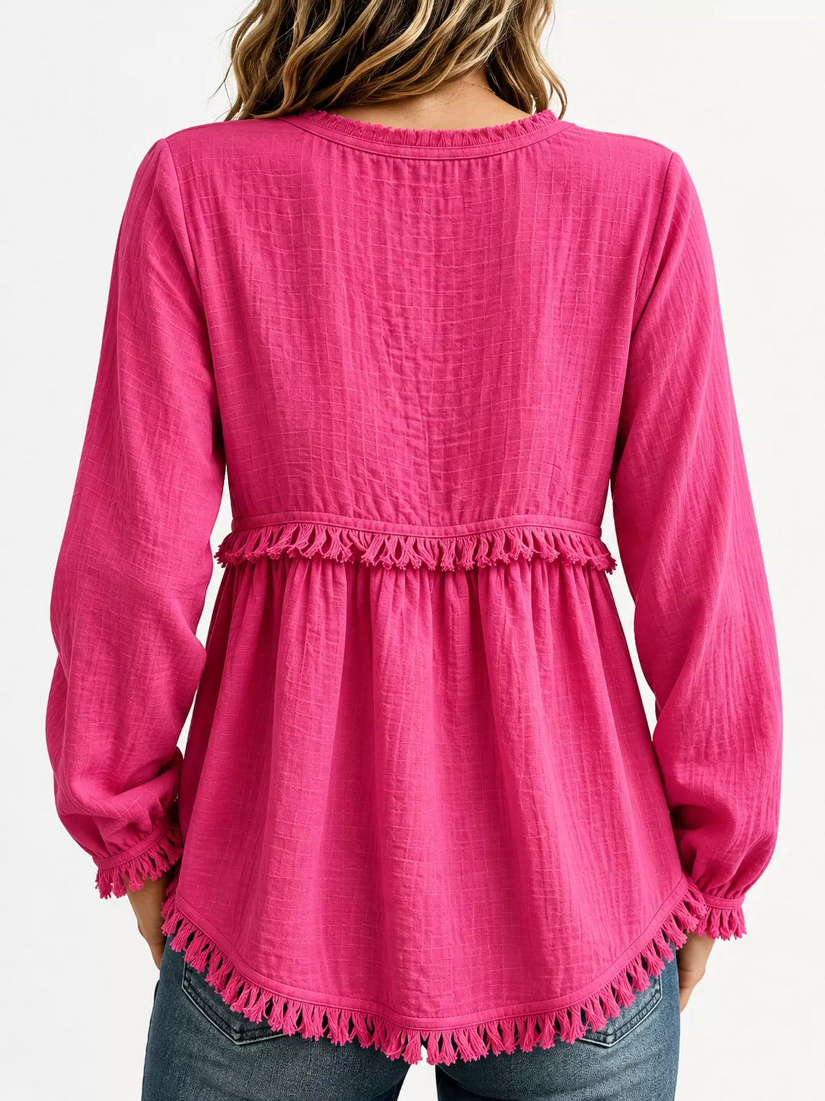 Fringe-trim blouse, pink back