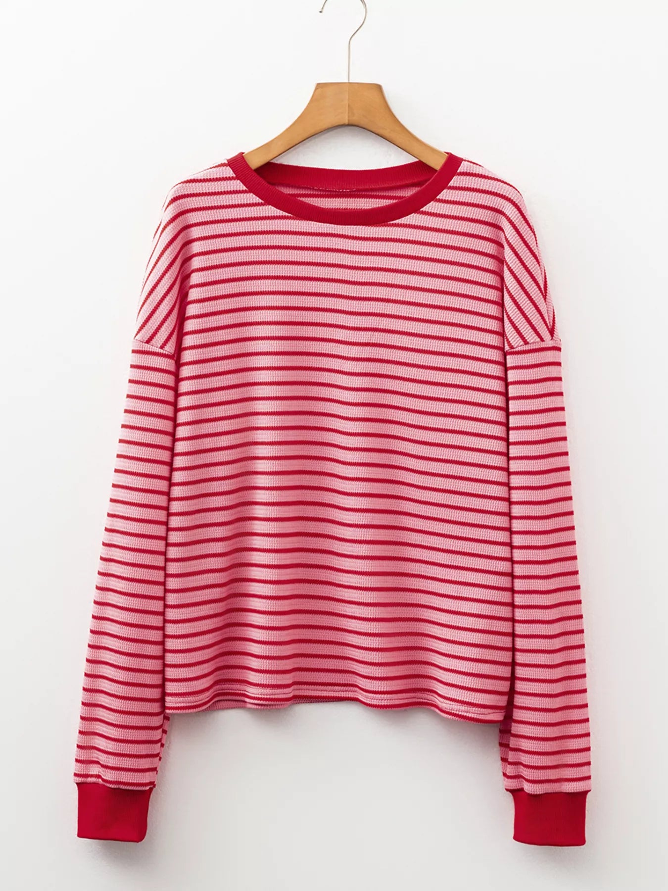 Trendsi Stripe Textured Round Neck Drop Shoulder Long Sleeve T Shirt -