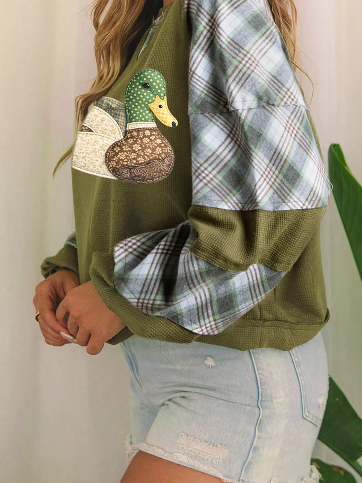 Duck Applique Plaid Waffle Knit T-Shirt, side view