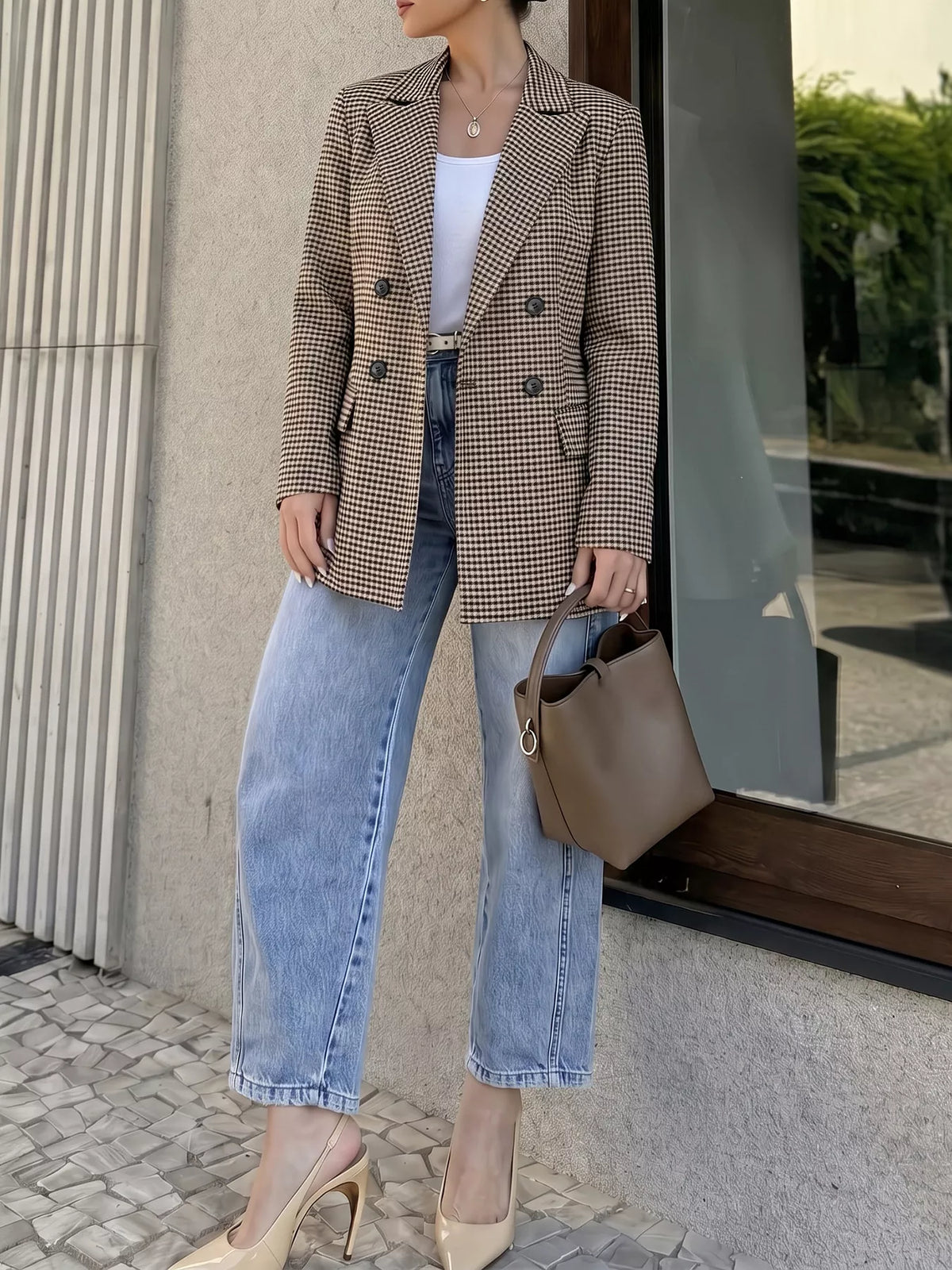Brown plaid double-breasted blazer, front view