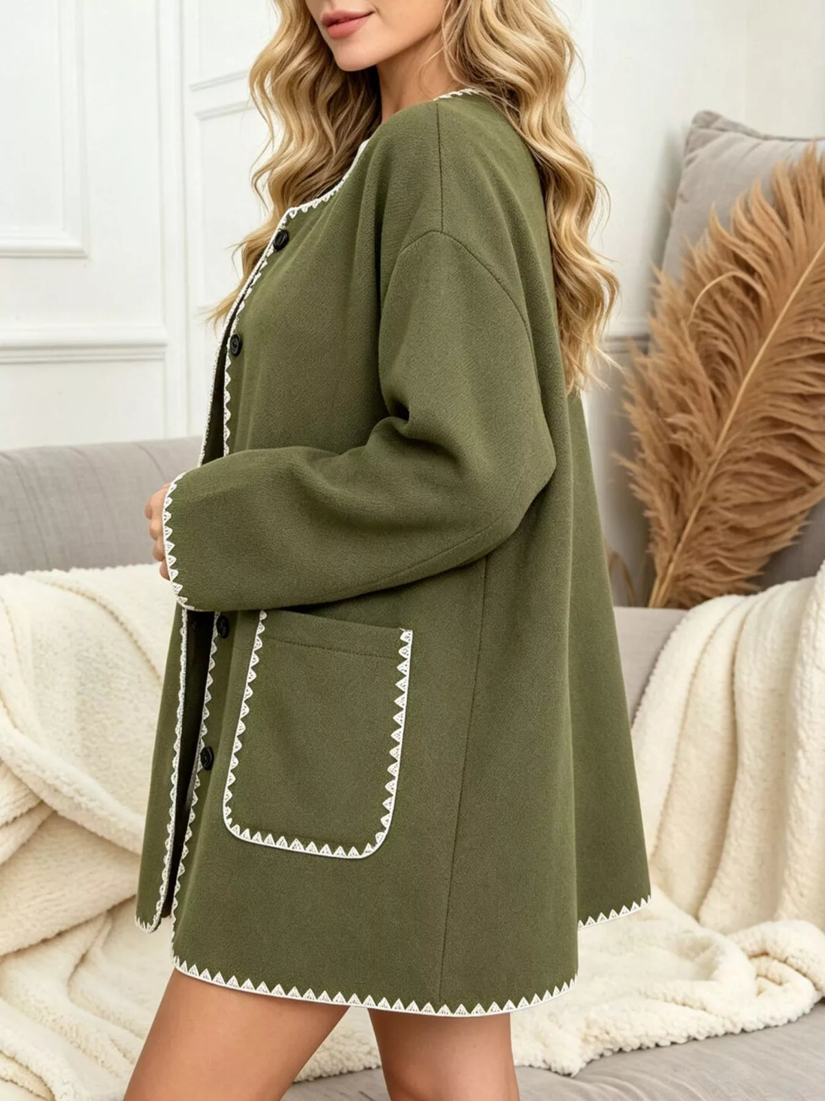Olive green contrast trim button-front jacket, side view