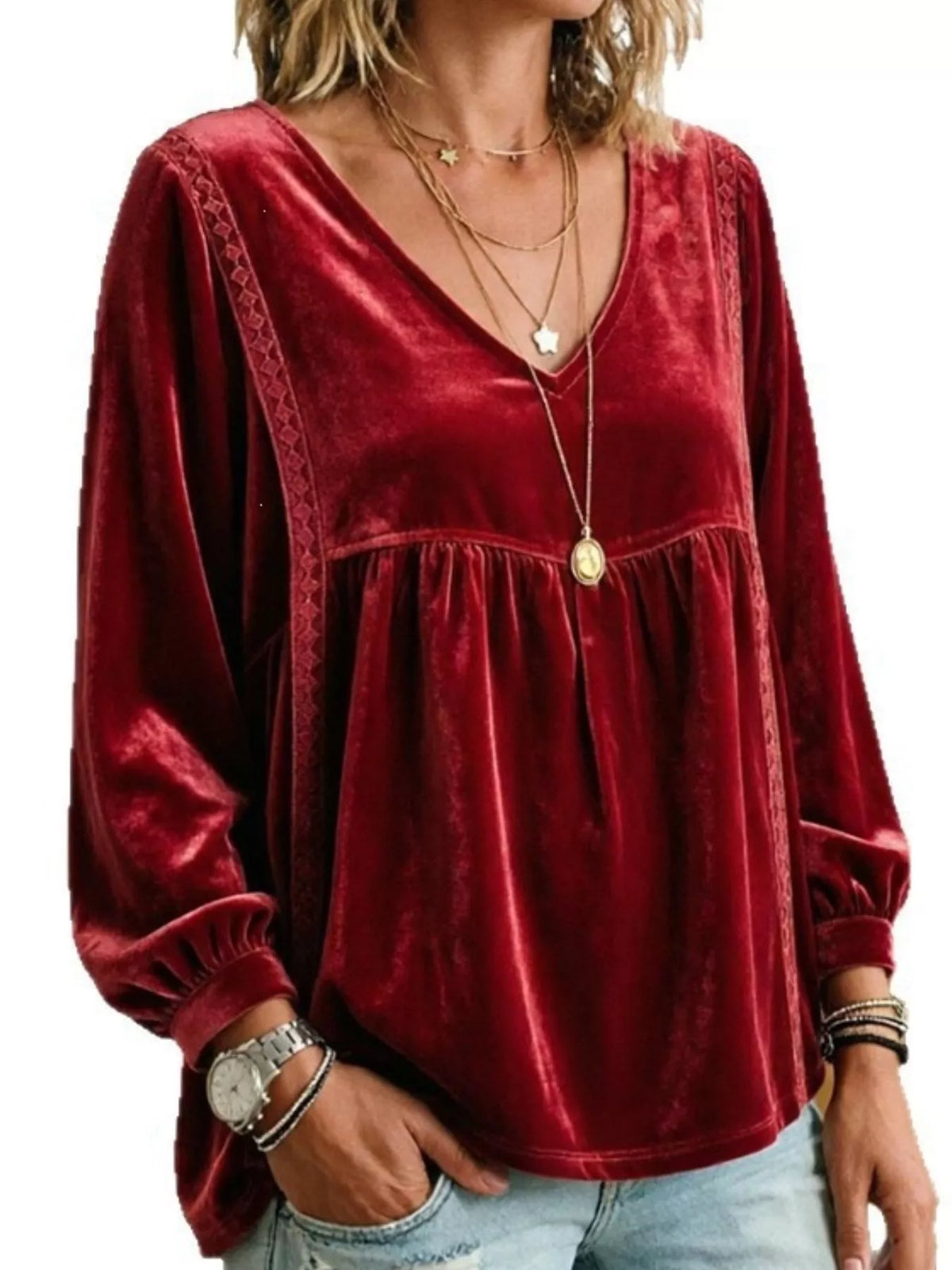 Women's V-Neck Long-Sleeve Velvet Blouse with Lace Trim — alternate view 21