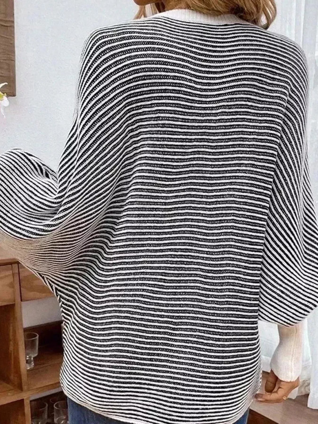 Trendsi V-Neck Striped Batwing Sleeve Sweater -