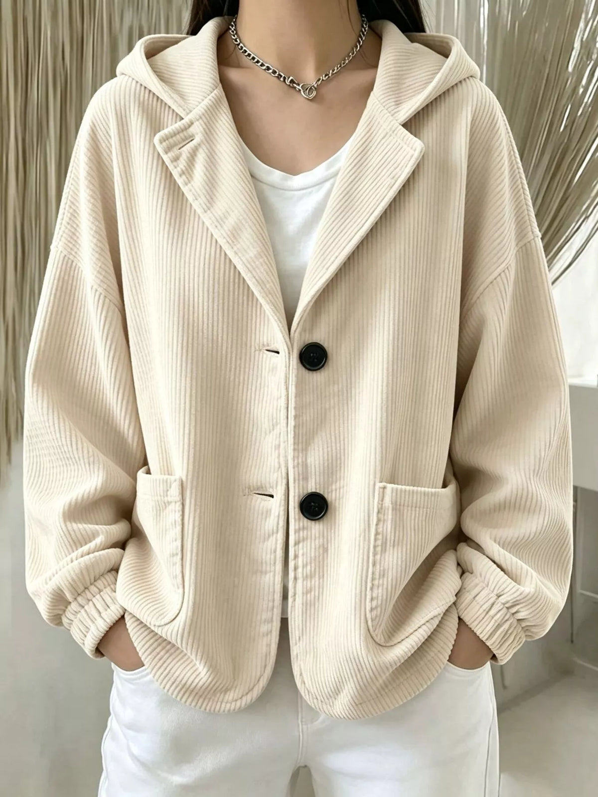 Women's Corduroy Button Up Hooded Jacket in cream — front view