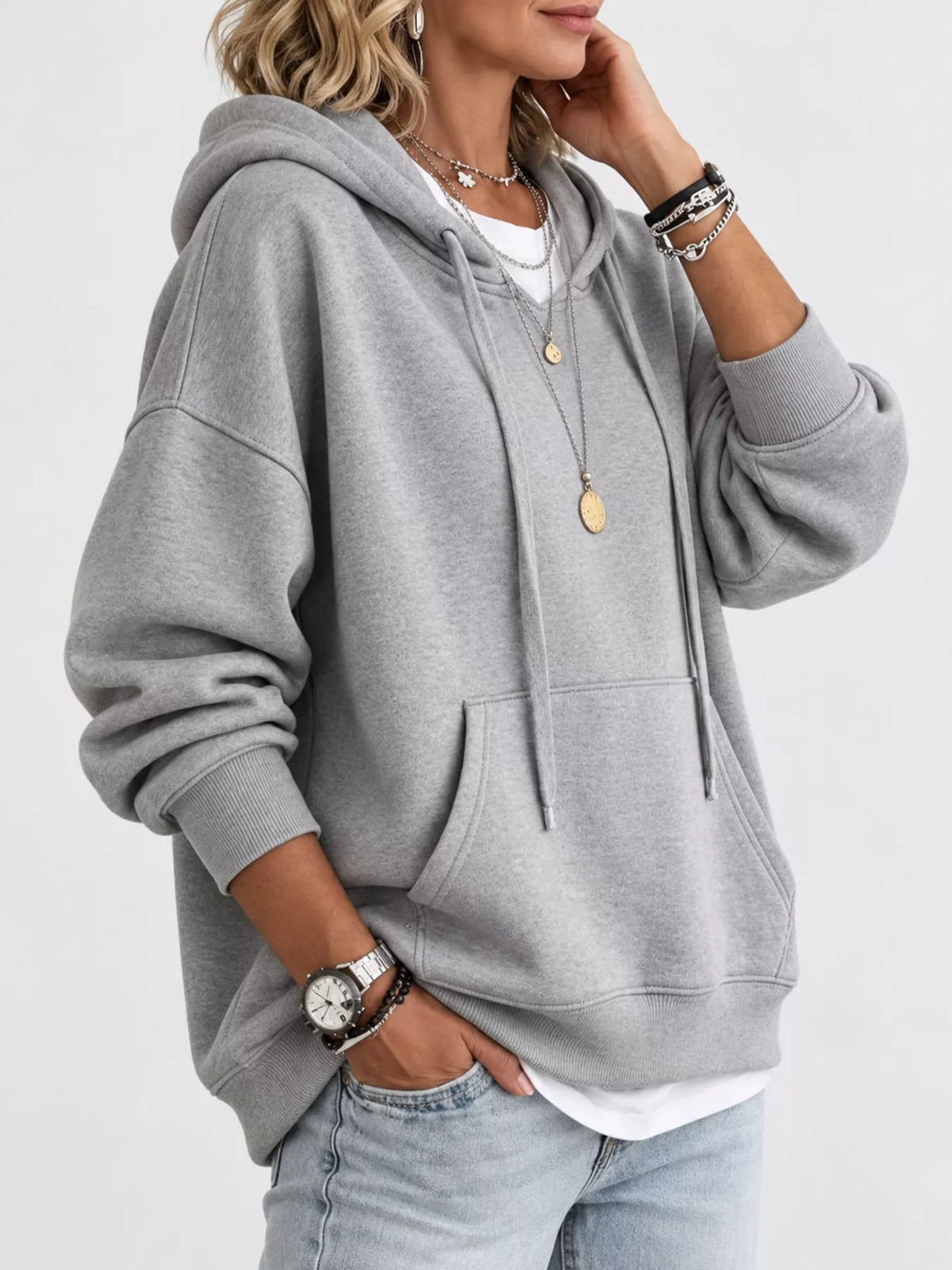 Women's Drawstring Dropped Shoulder Hoodie in gray — side view