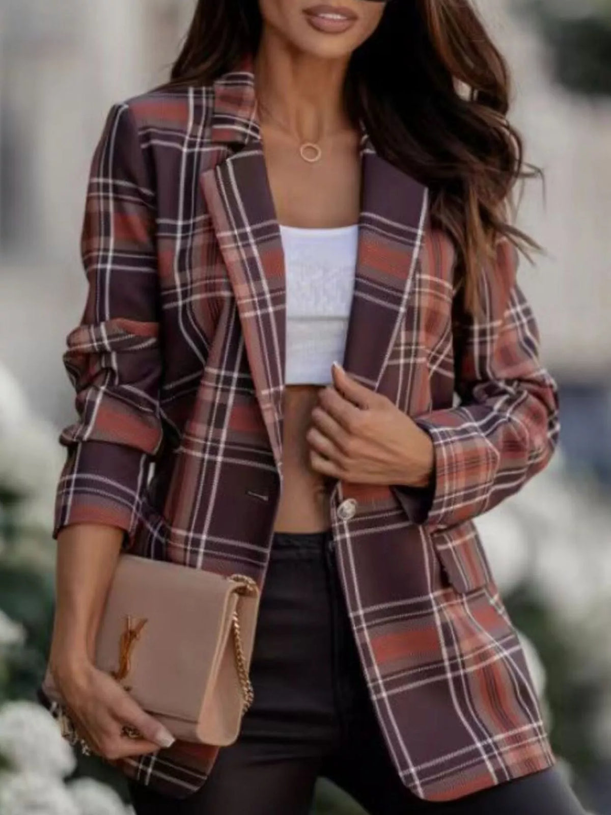Dark brown plaid lapel collar blazer