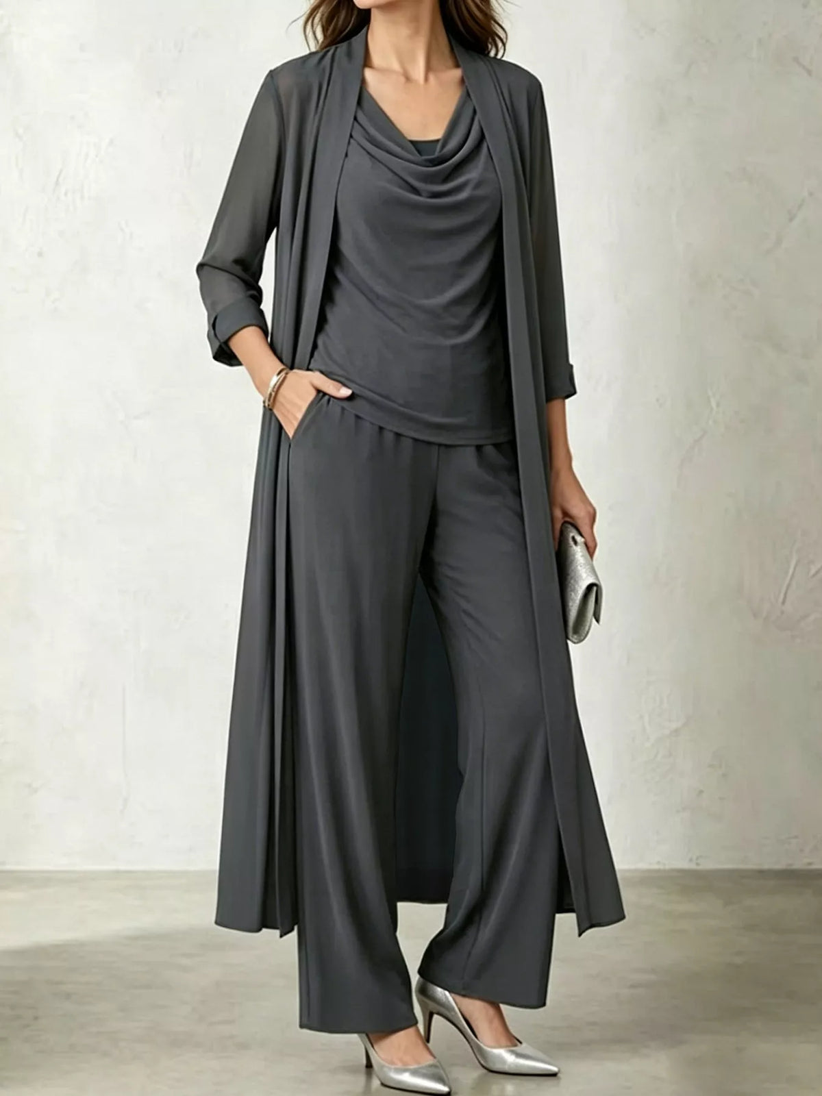 Gray cowl neck top, cardigan and pants set, front view