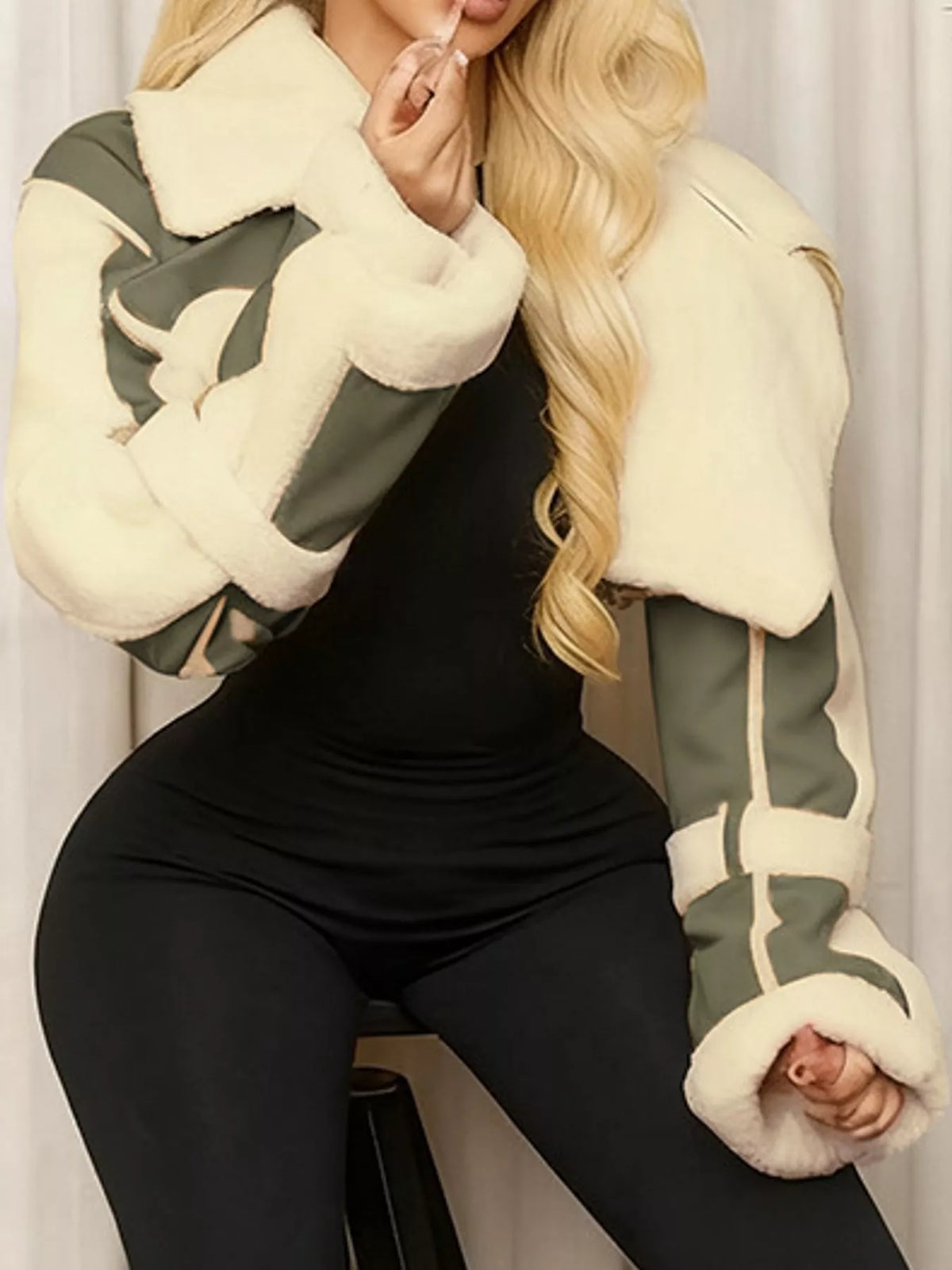 Army Green faux leather plush cropped jacket