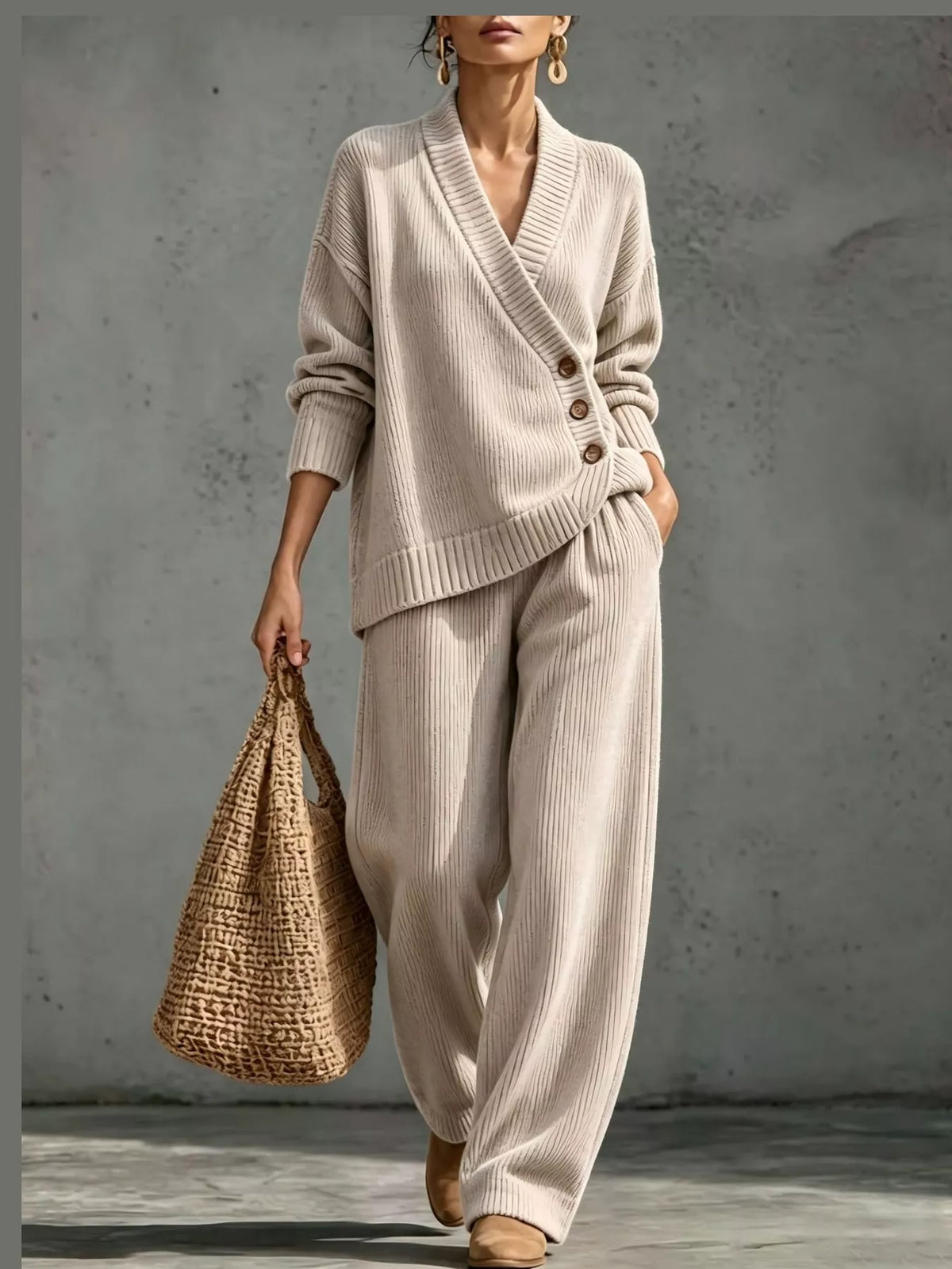 V-Neck Wrap Sweater and Wide-Leg Pants Set — front view