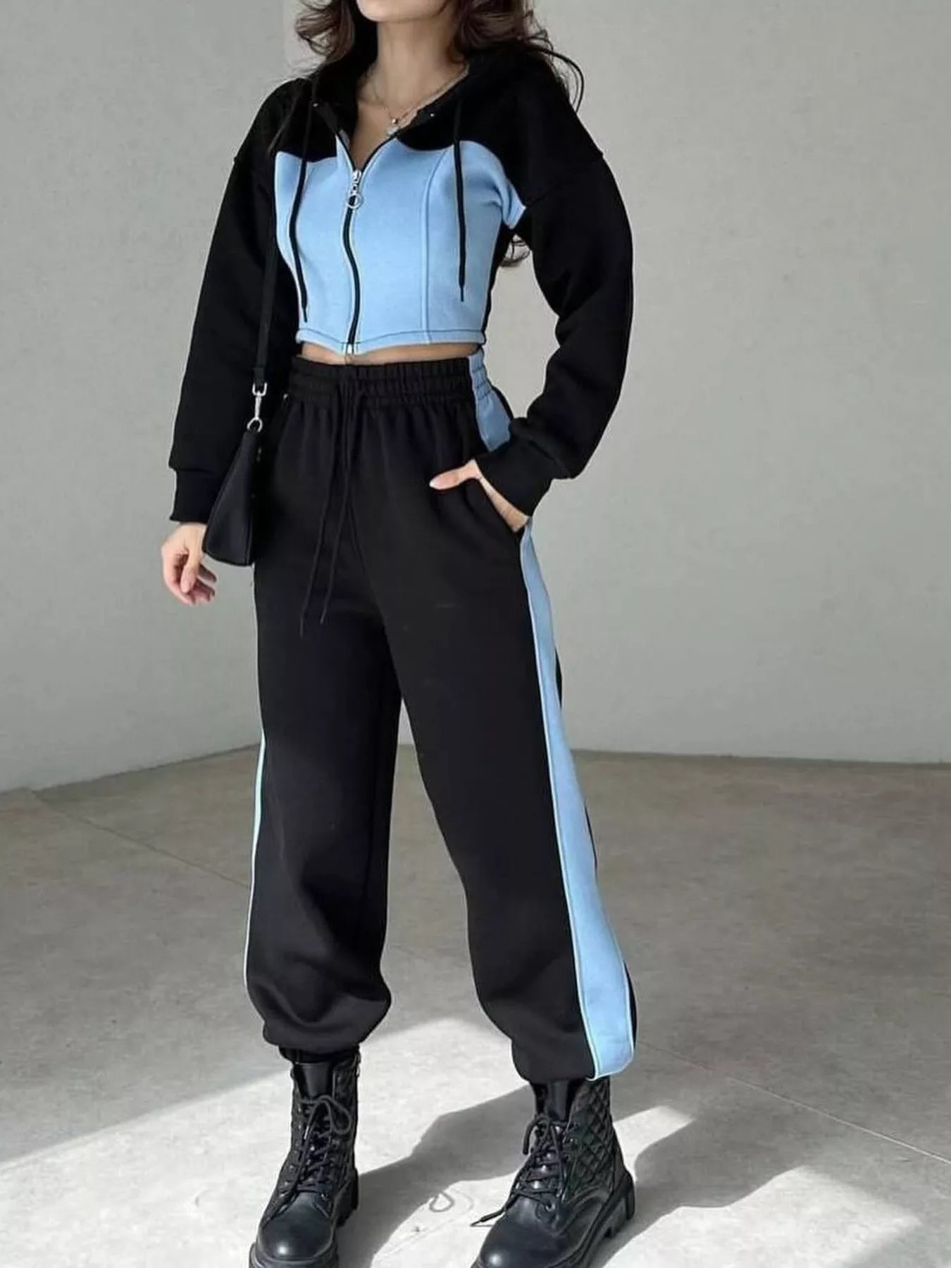 Trendsi Color-Block Zip-Up Crop Hoodie and Joggers Set -