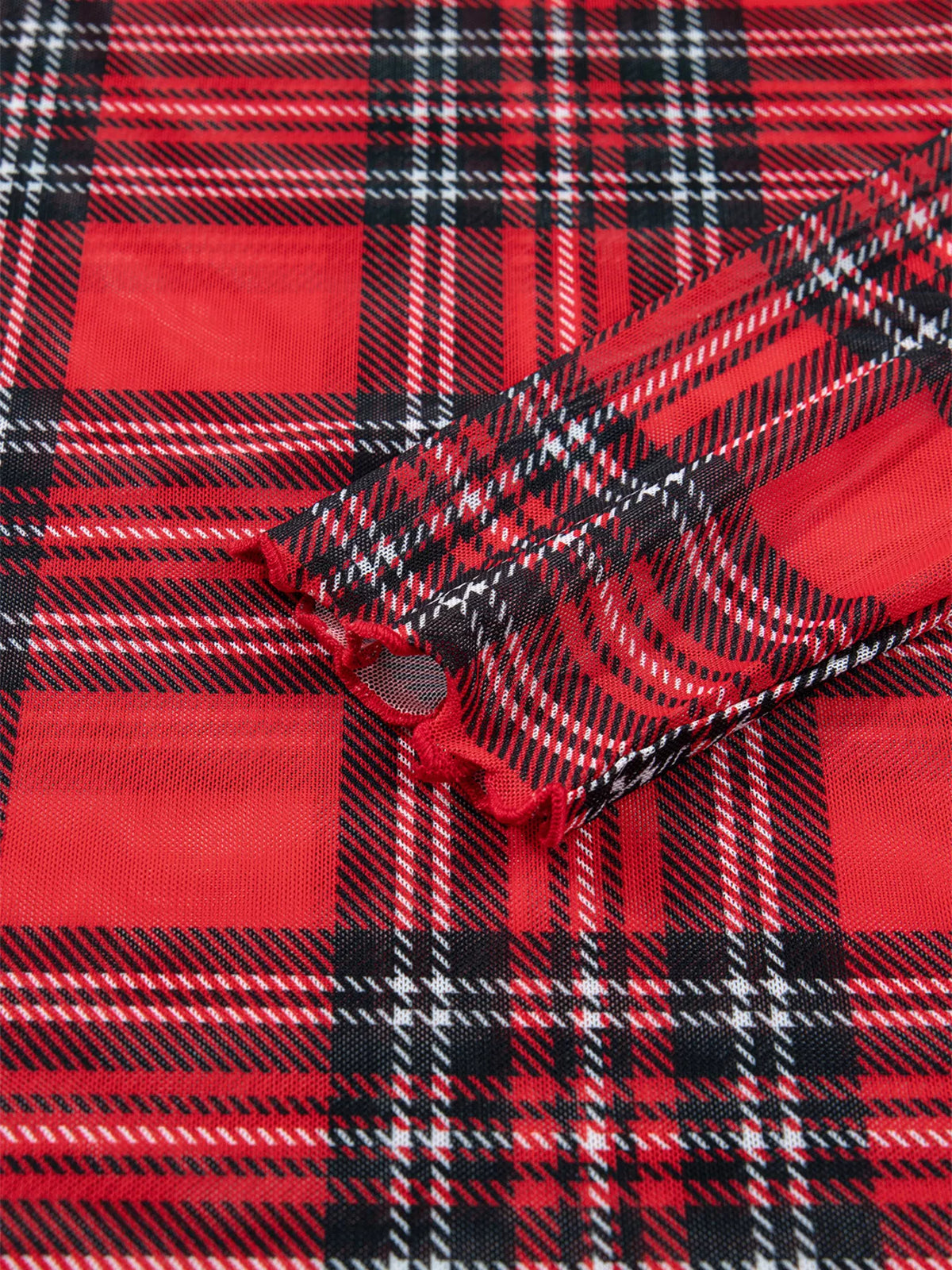 Trendsi Sheer Plaid Mock Neck Long Sleeve Blouse -