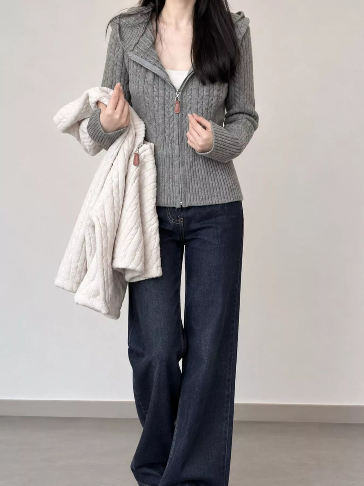 Hooded Cable-Knit Zip-Up Cardigan in gray