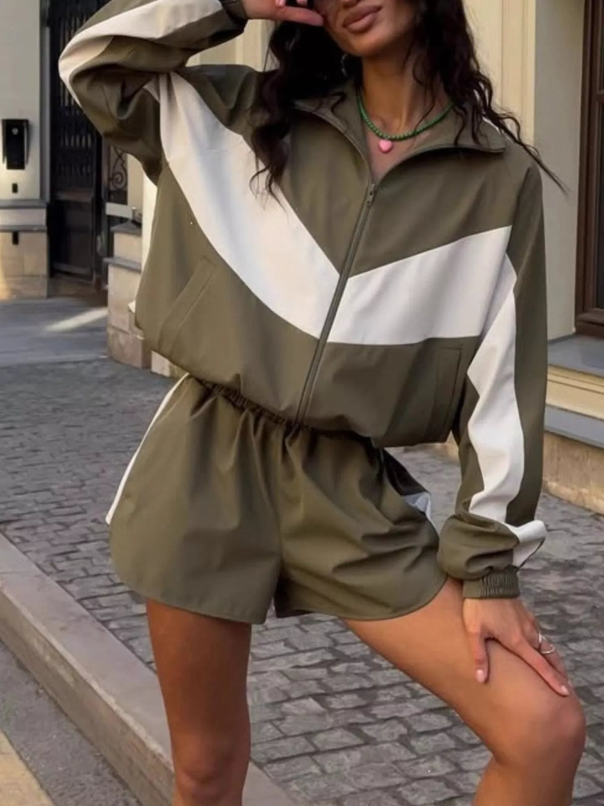 Trendsi Color-Block Zip-Up Jacket and Shorts Set -