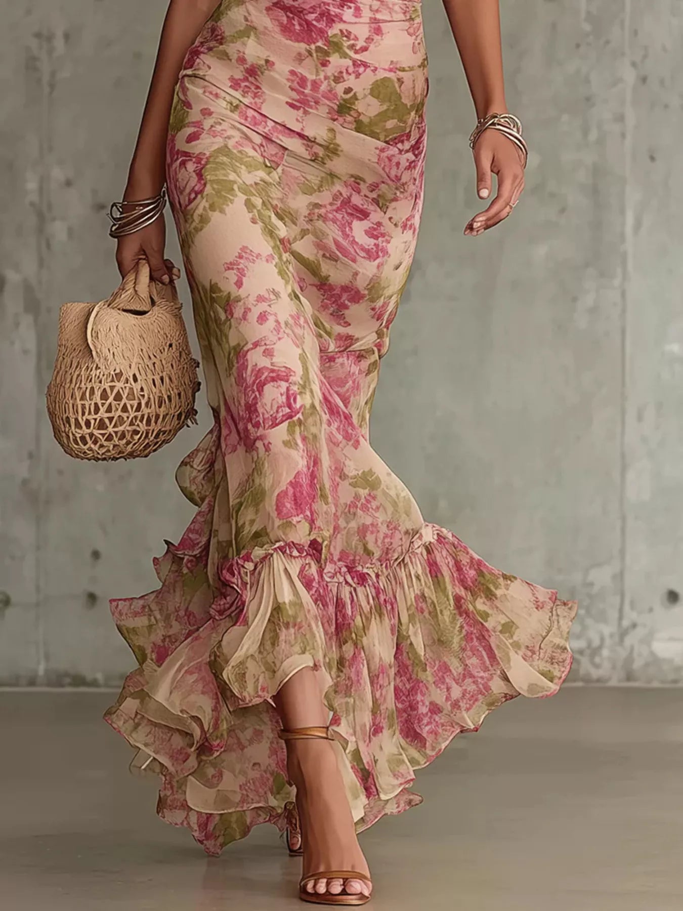 Floral high-neck puff-sleeve ruffle-hem maxi dress
