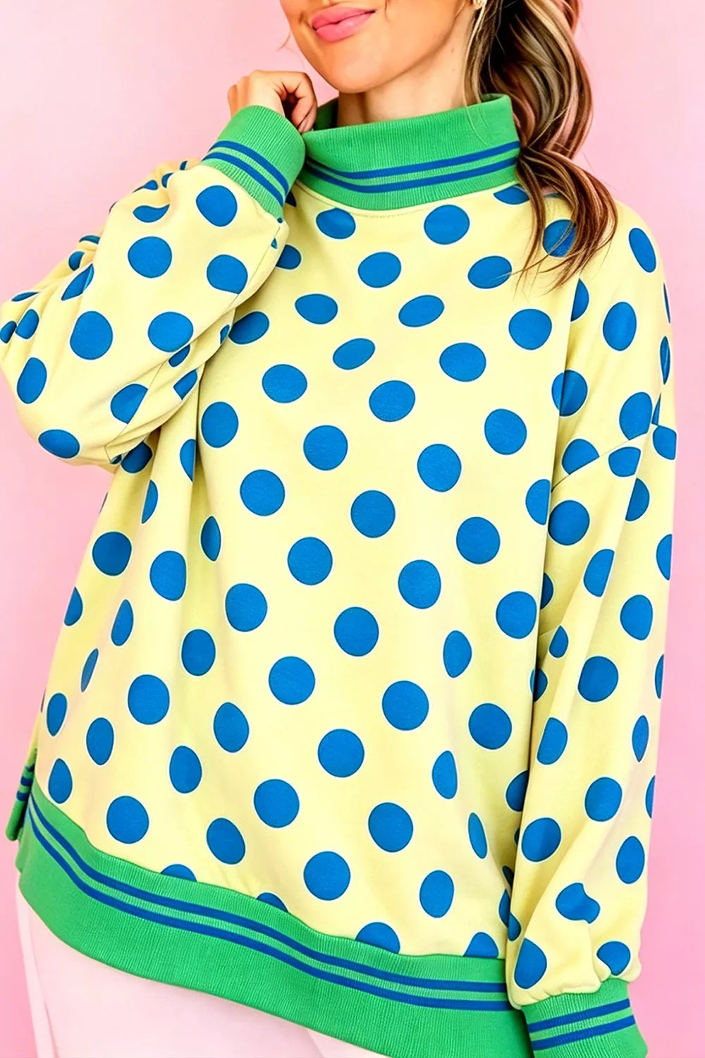 Polka Dot Mock Neck Sweatshirt with Striped Ribbed Trim, front view