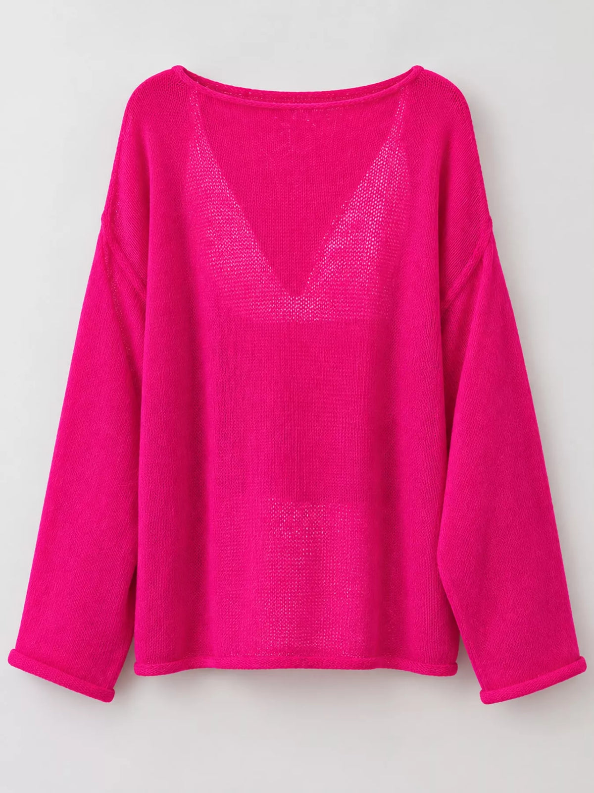 Hot pink sheer openwork knit long sleeve top