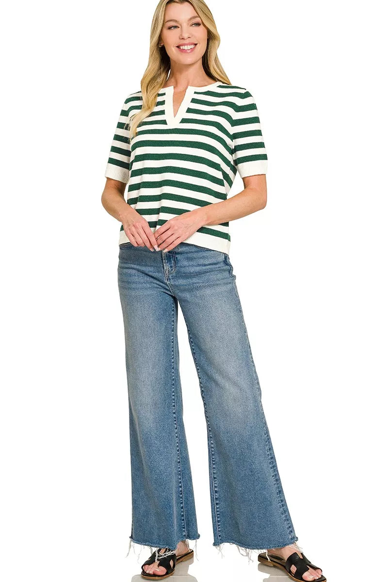 Women's brown and white striped split-neck short-sleeve sweater - product view 3