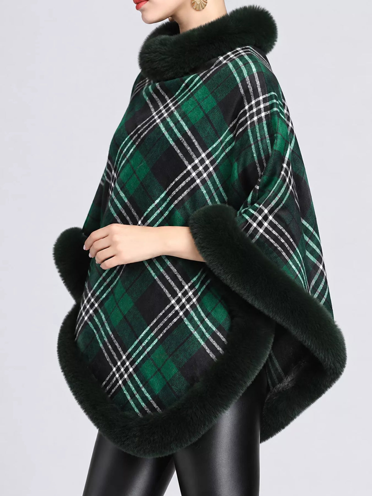 Dark Green-Plaid plaid faux fur trimmed poncho cape, back view