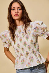 Trendsi SO ME Floral Cotton Smocked Short Sleeves Blouse -