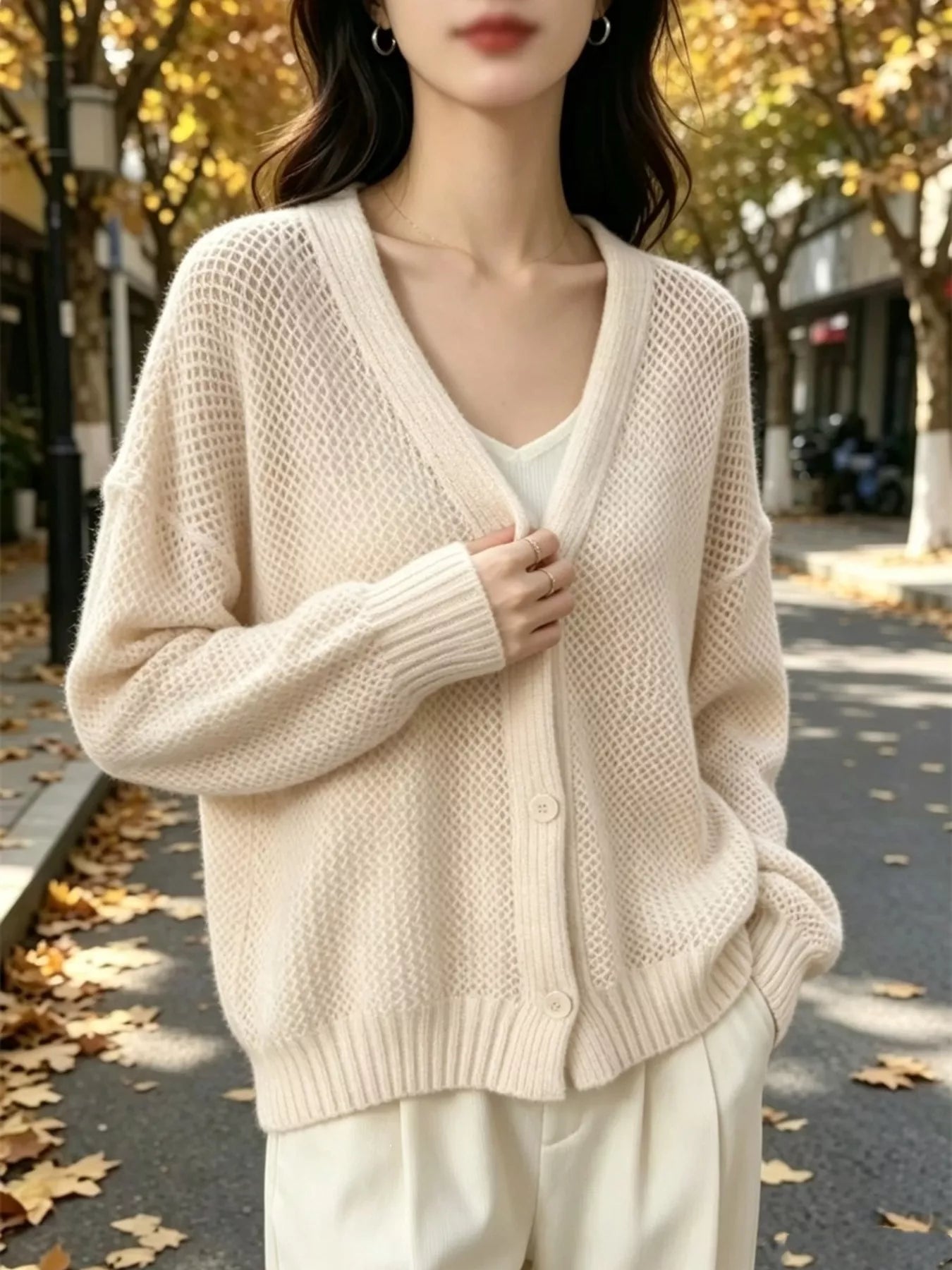 Trendsi V-Neck Open-Knit Button-Down Cardigan -