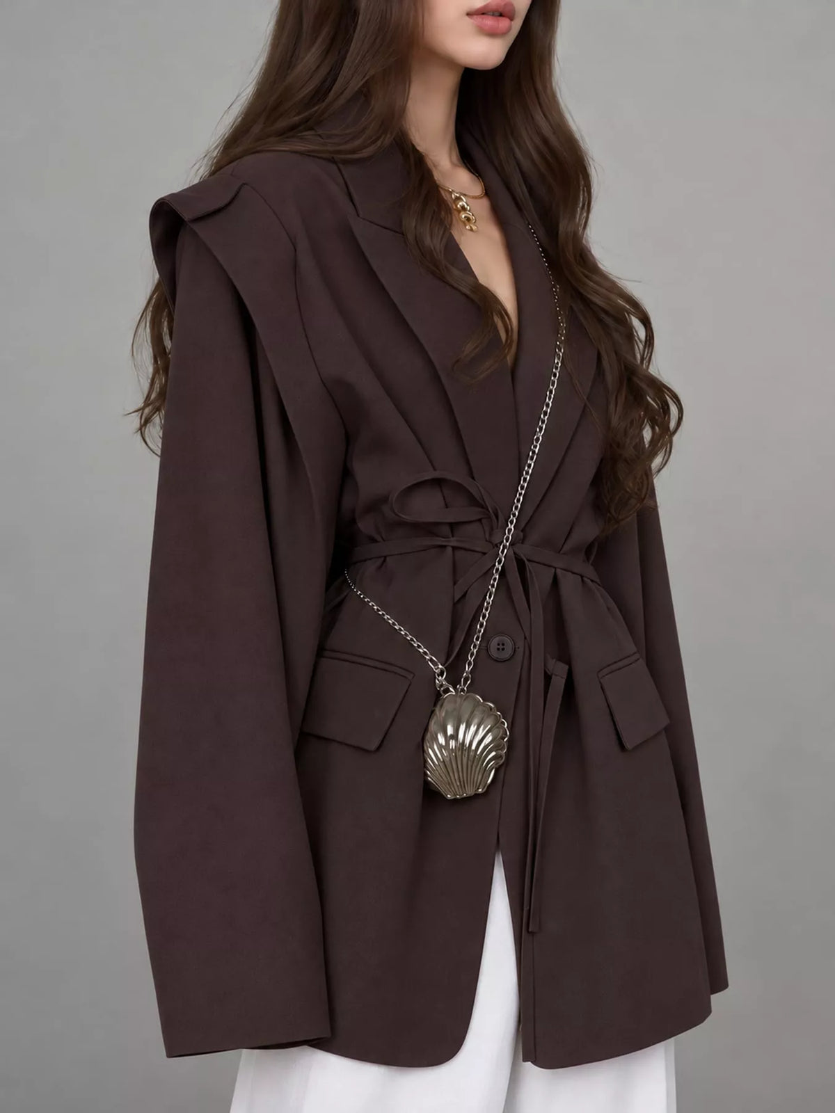 Collared long sleeve blazer, side view