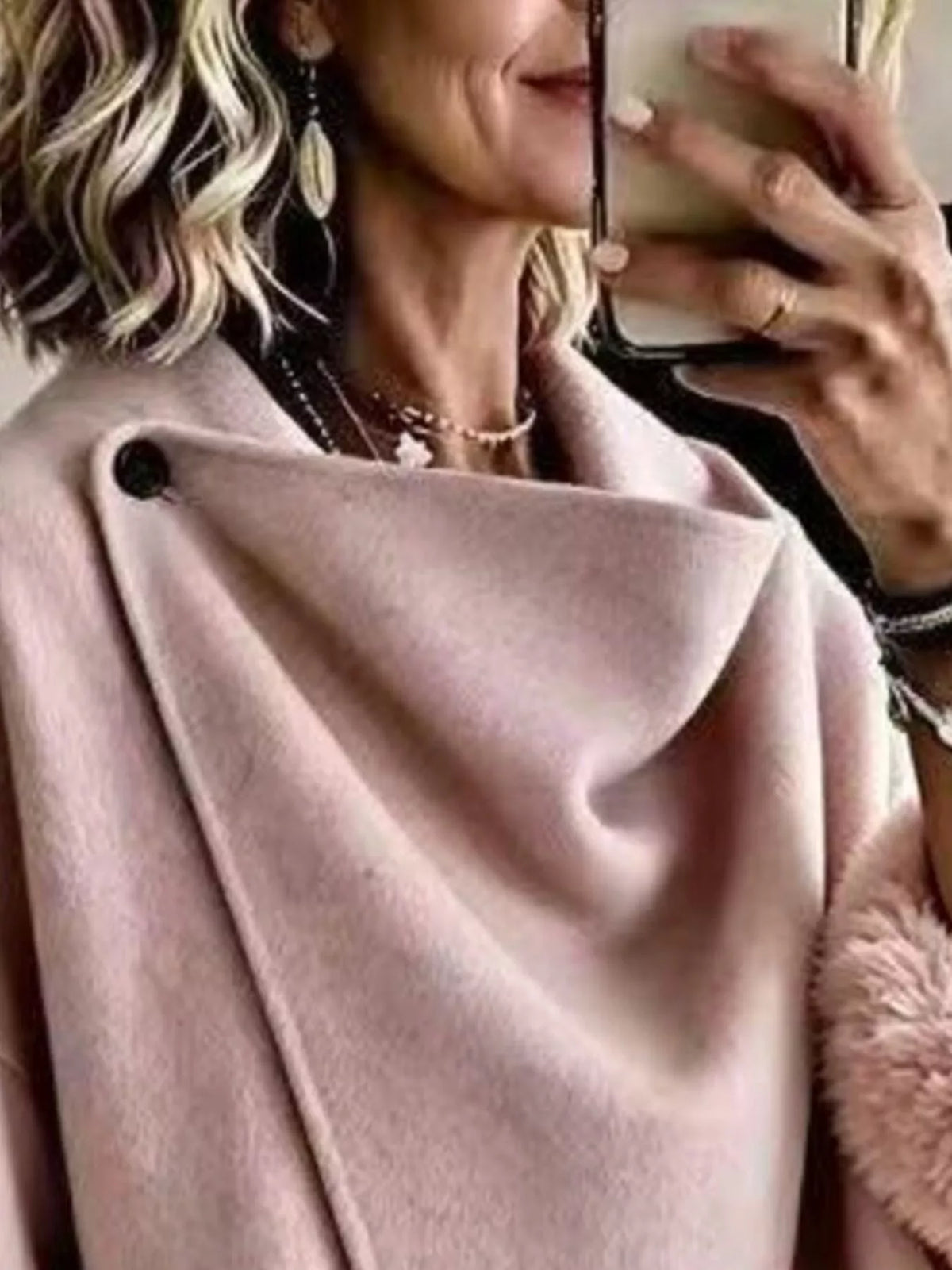 Asymmetric Buttoned Jacket with Faux Fur Cuffs, neckline detail