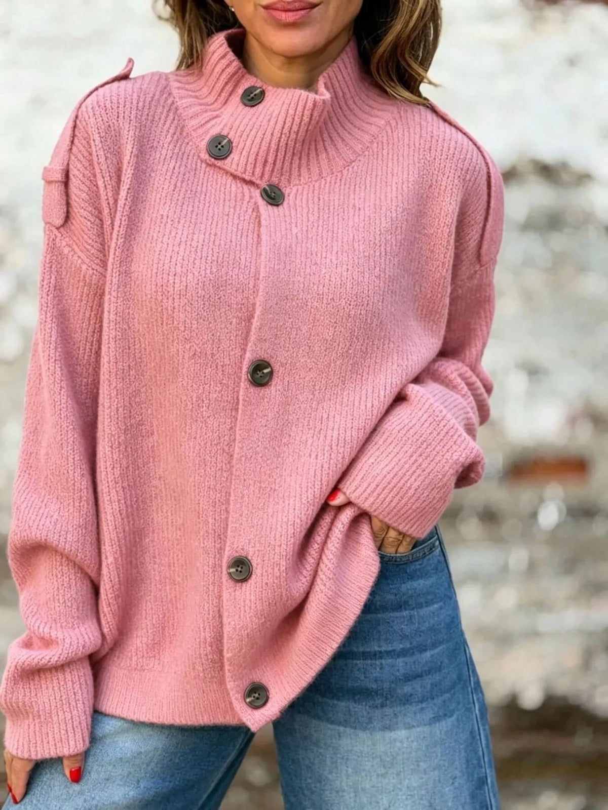 Button-Up Mock Neck Cardigan in pink, front view