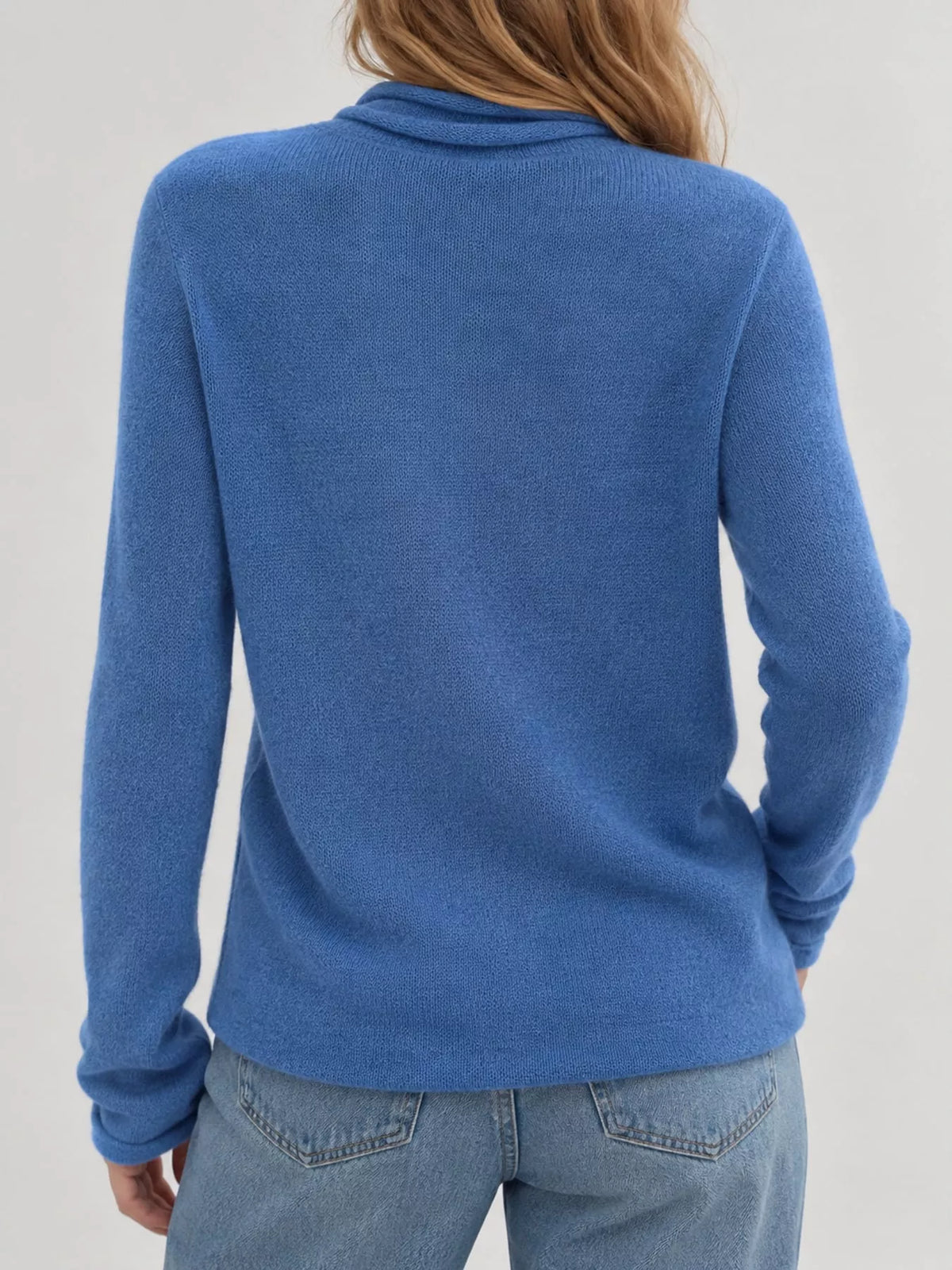 Women's Sheer Turtleneck Knit Top in blue — back view
