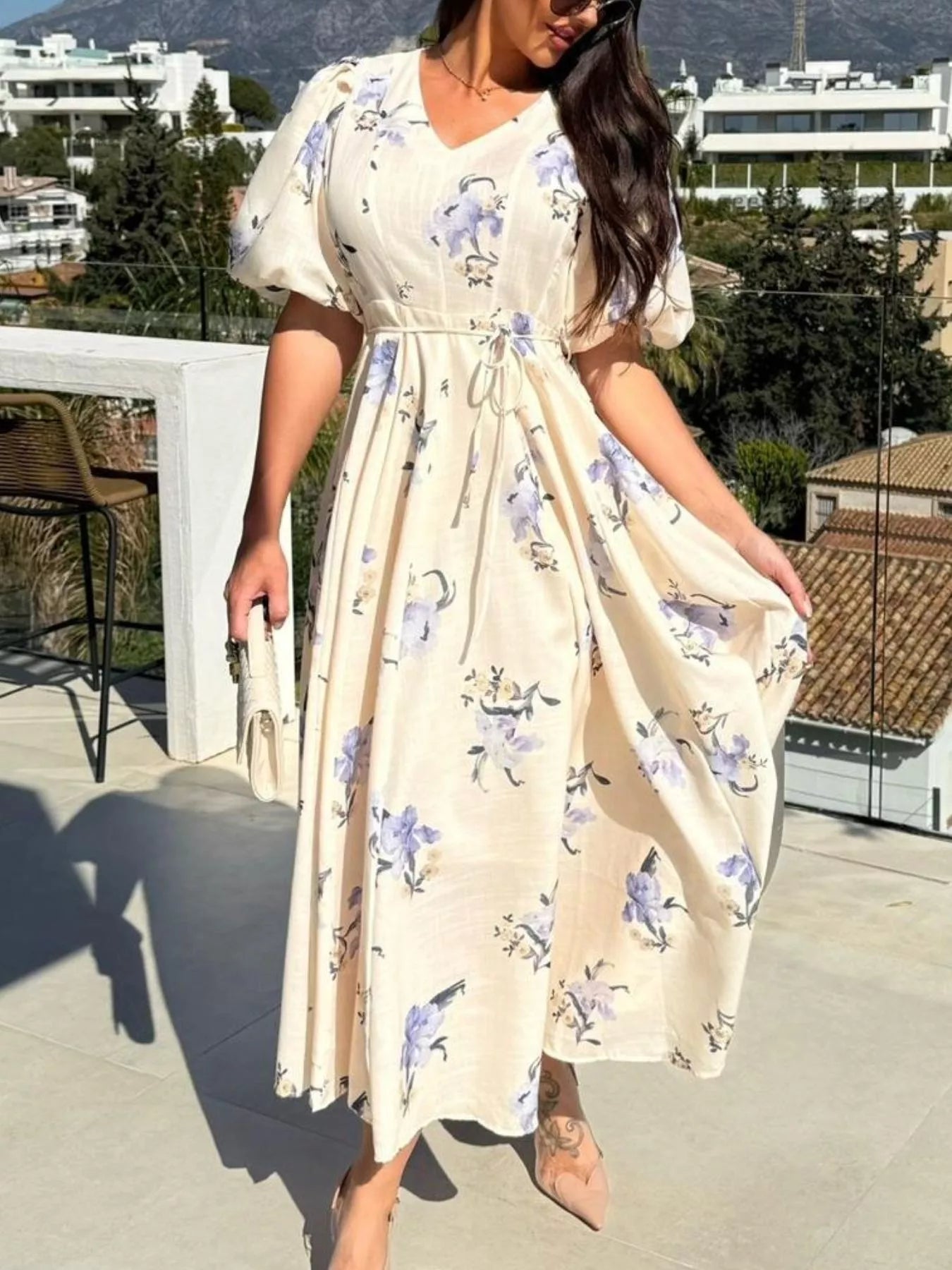 Trendsi Floral Puff Sleeve Midi Dress -