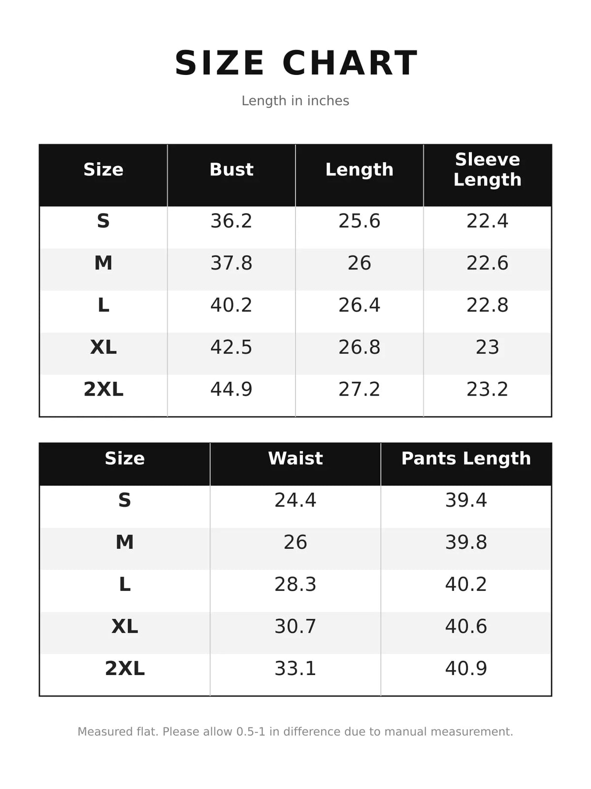 Size chart for decorative button top and pants set