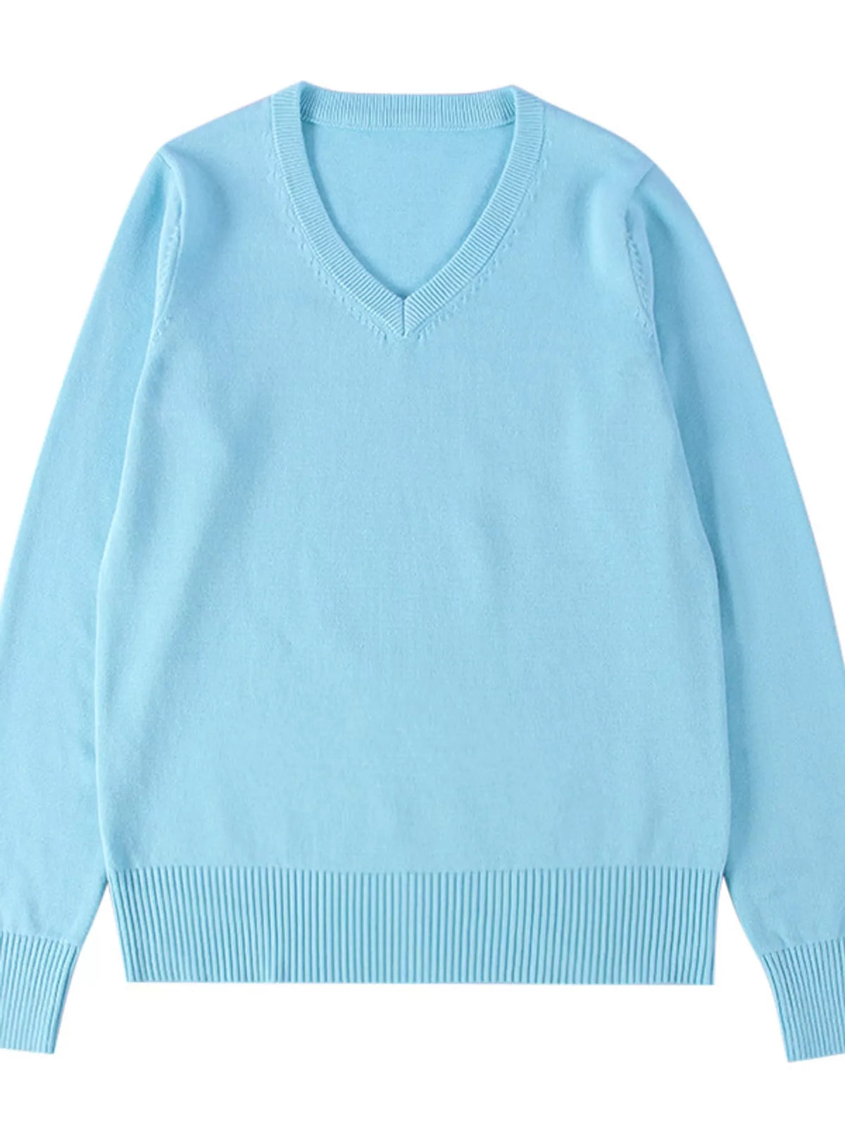 Women's V-Neck Long Sleeve Sweater in blue — flat lay view
