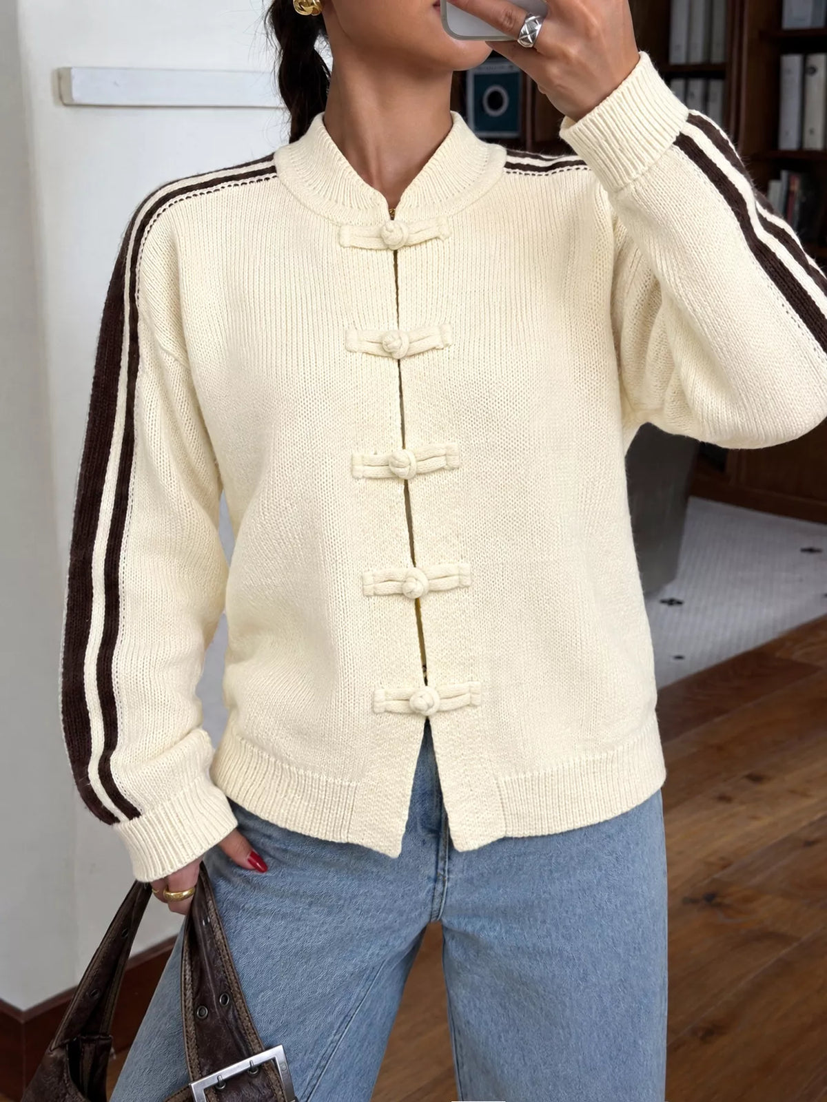 Cream Chinese knot button cardigan with sleeve stripes, knot-button detail